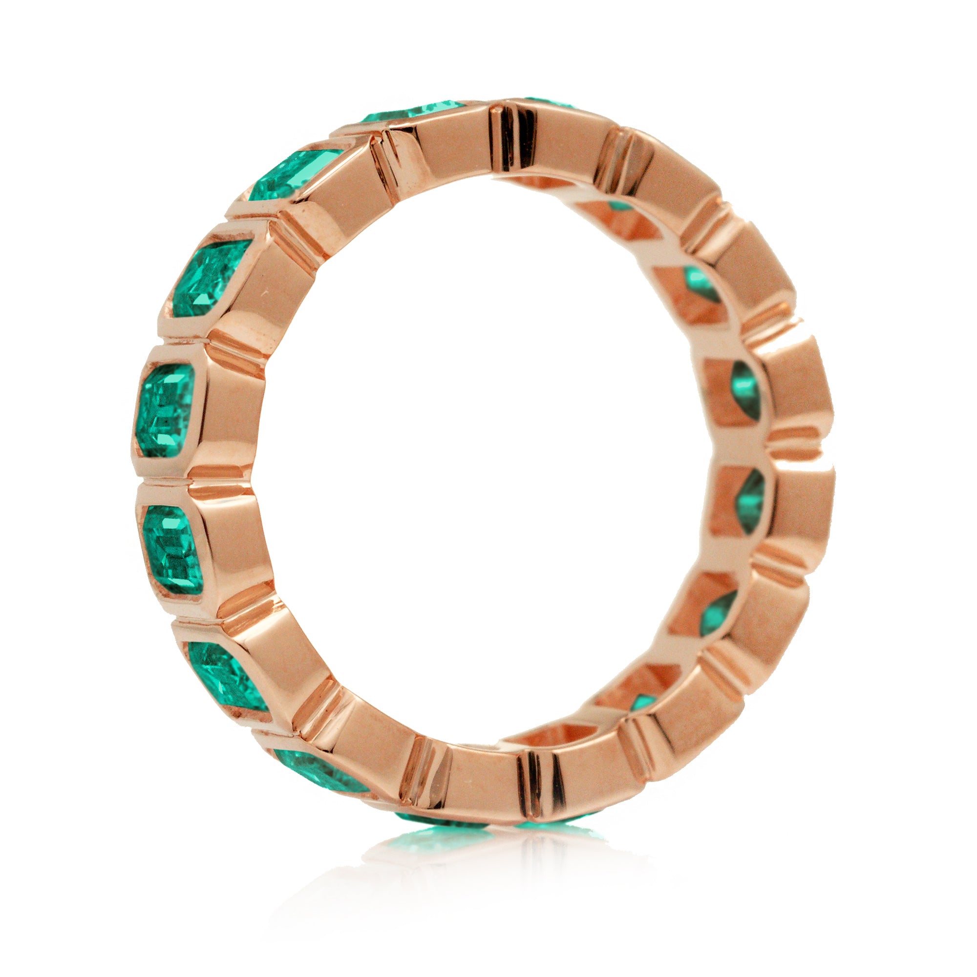 Side View Emerald Cut Emerald Eternity Band in Rose Gold