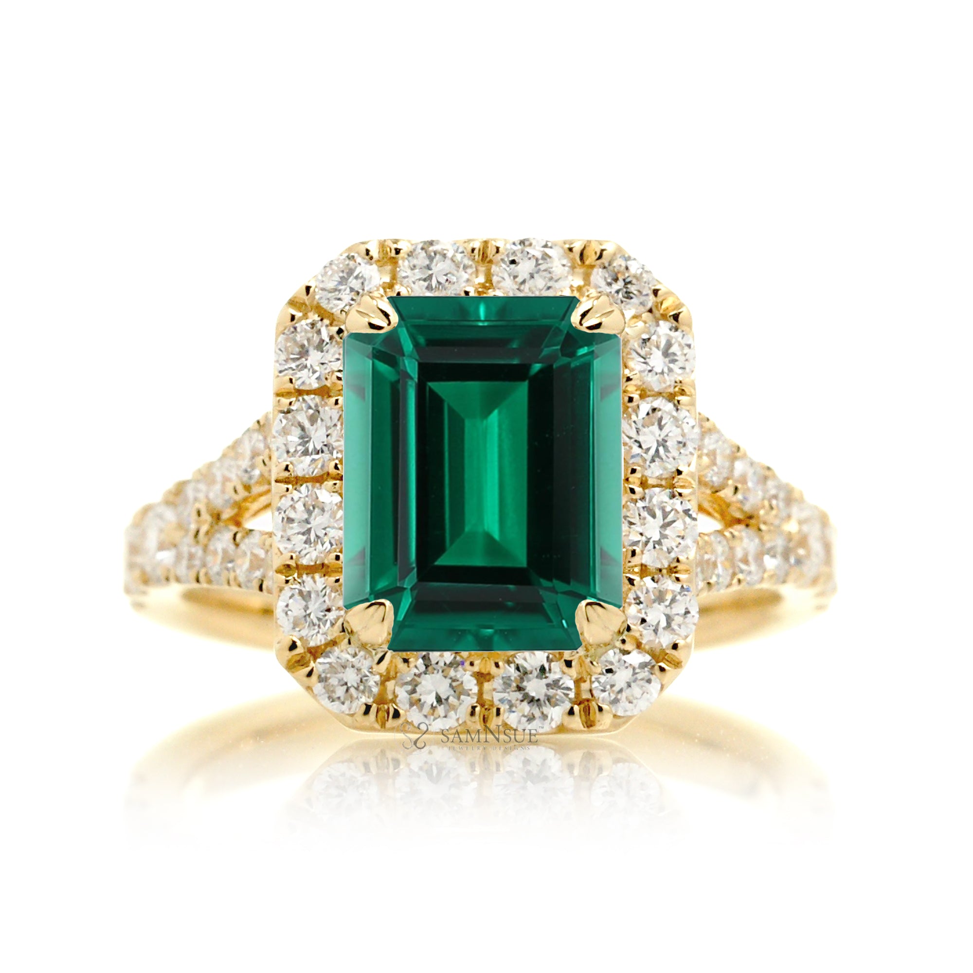 Elegant Emerald-Cut Emerald Engagement Ring with Split Shank – The Meghan in Yellow Gold