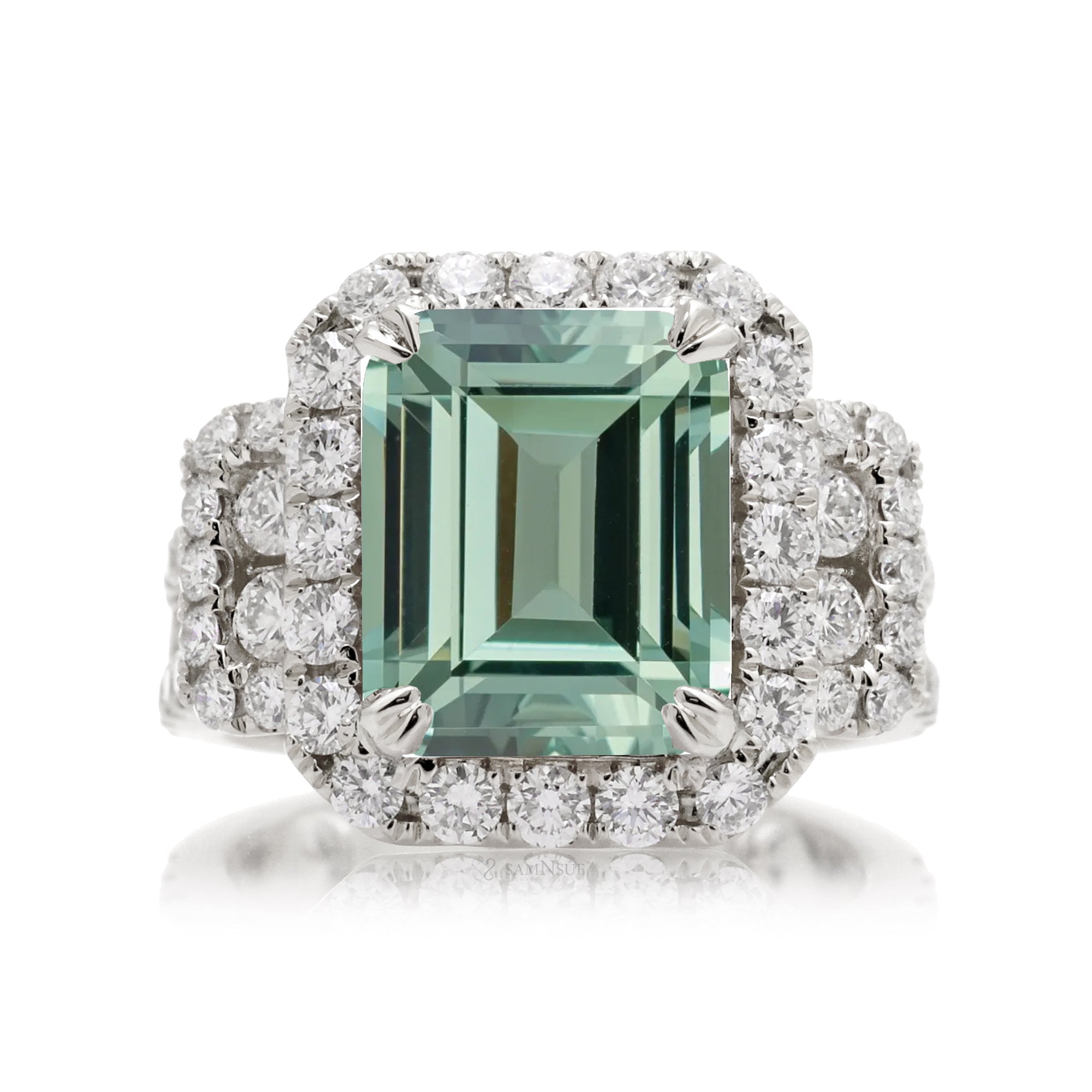 Emerald Cut Green Sapphire Ring in White Gold with Diamond Halo