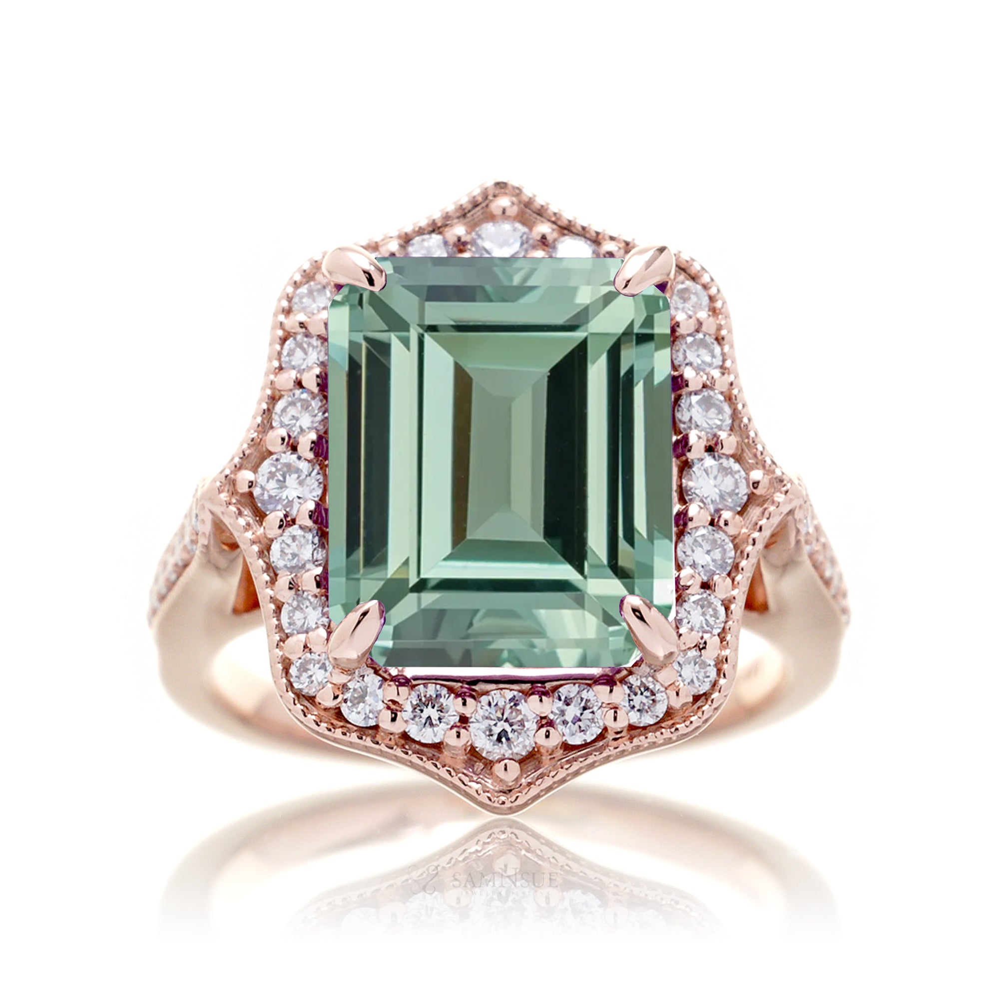 Art Deco Inspired Green Sapphire and Diamond Ring in Rose Gold