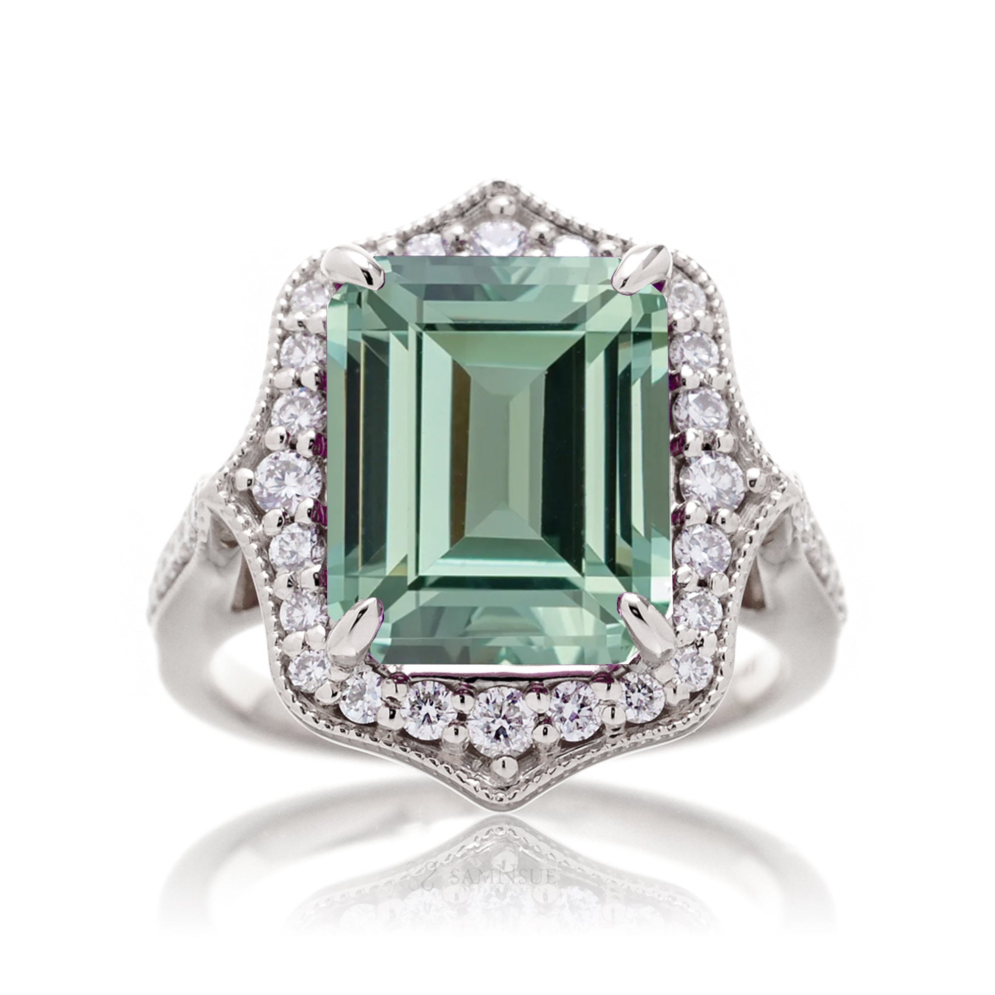Emerald-Cut Green Sapphire and Diamond Ring in White Gold