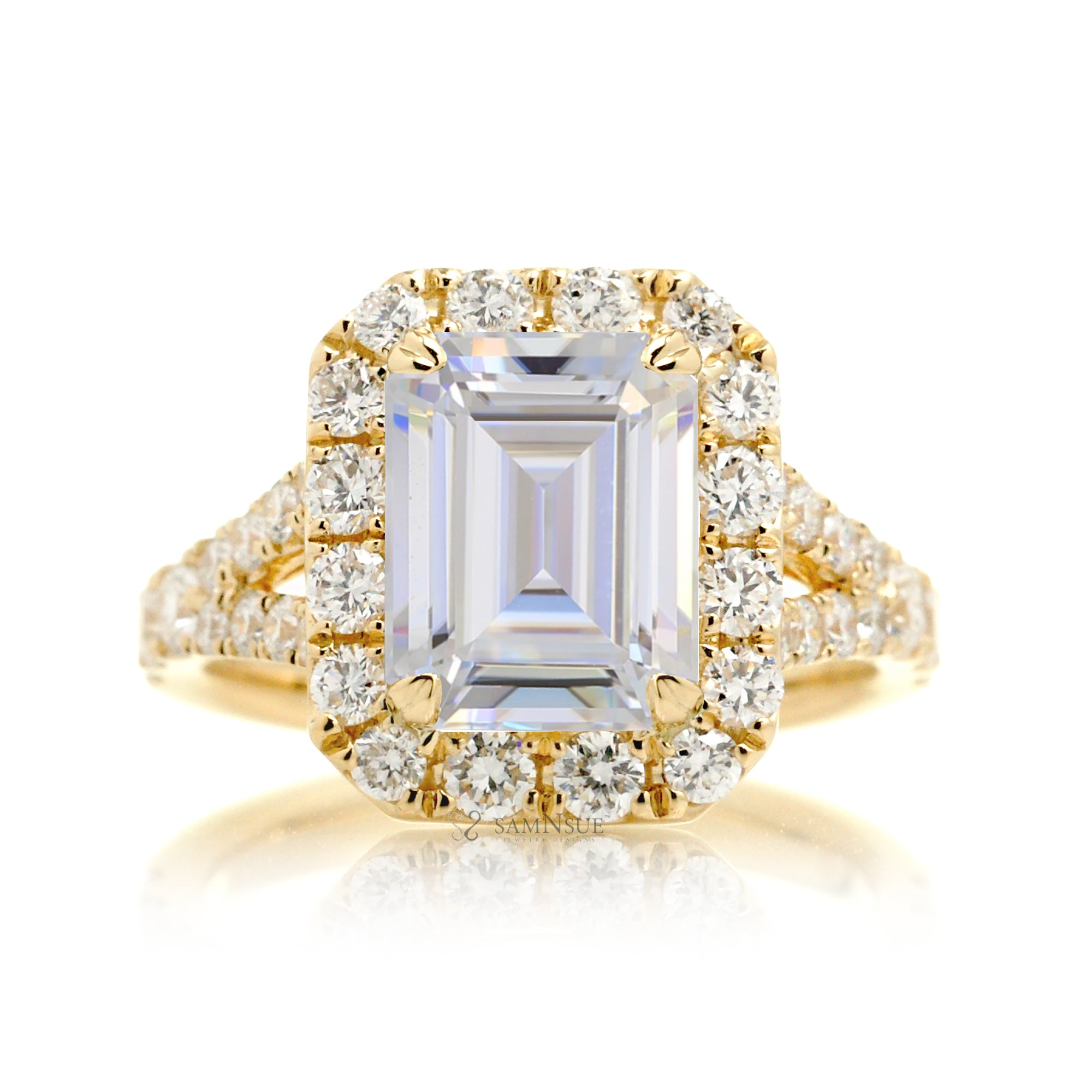 Moissanite Engagement Ring with Emerald Cut and Diamond Split Band – The Meghan in Yellow Gold