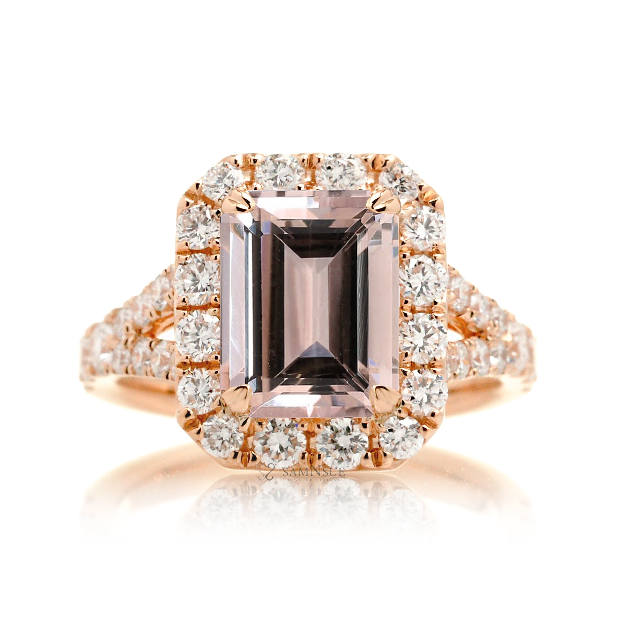 Romantic Morganite Engagement Ring with Emerald Cut and Split Diamond Band – The Meghan in Rose Gold
