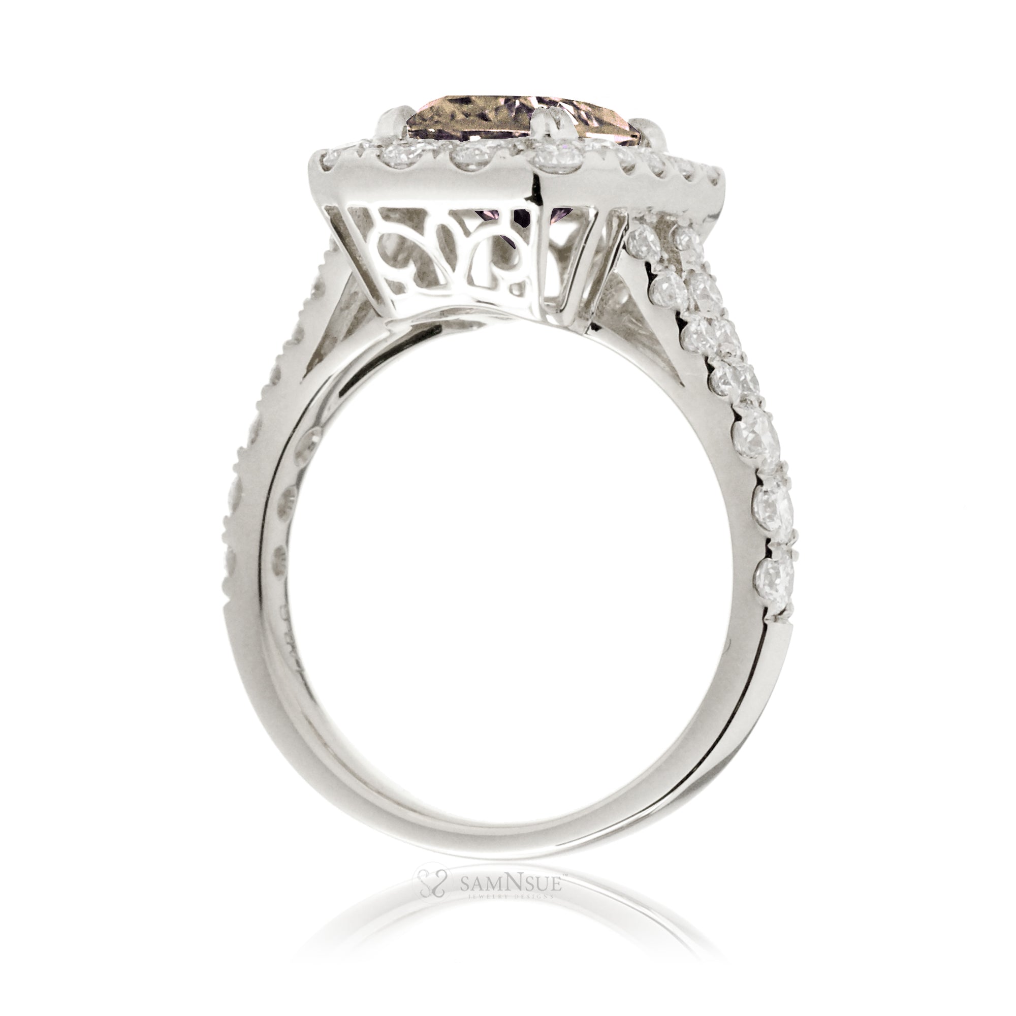 Romantic Morganite Engagement Ring with Emerald Cut and Split Diamond Band – The Meghan in White Gold