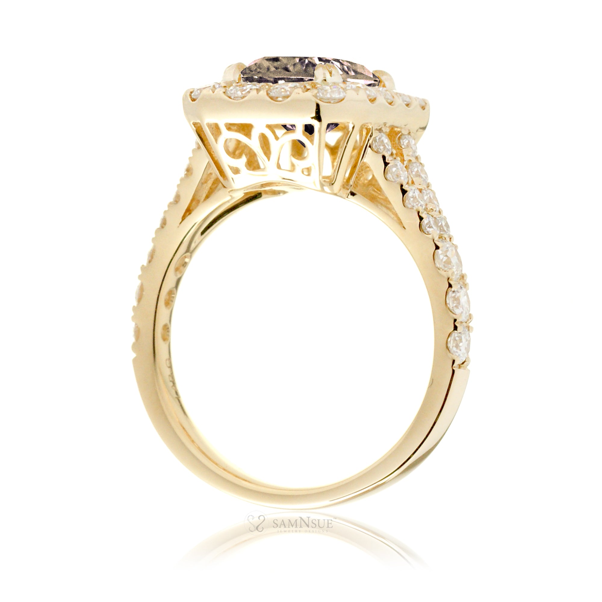 Romantic Morganite Engagement Ring with Emerald Cut and Split Diamond Band – The Meghan in Yellow Gold