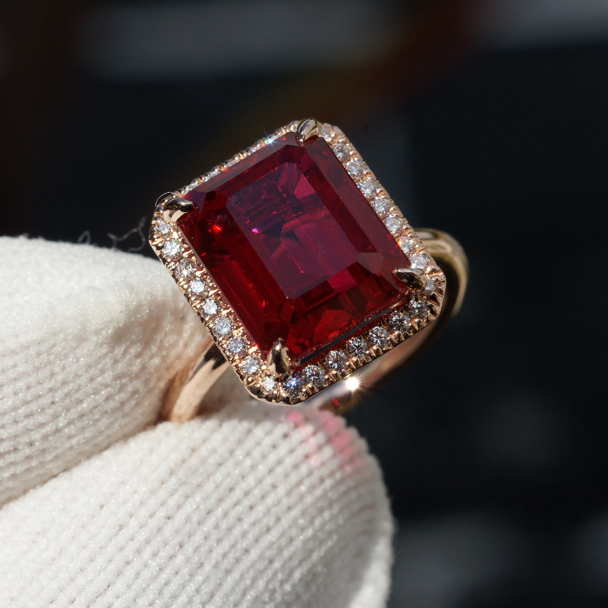 Ruby engagement ring diamond halo the Drenched emerald cut rose gold solid band