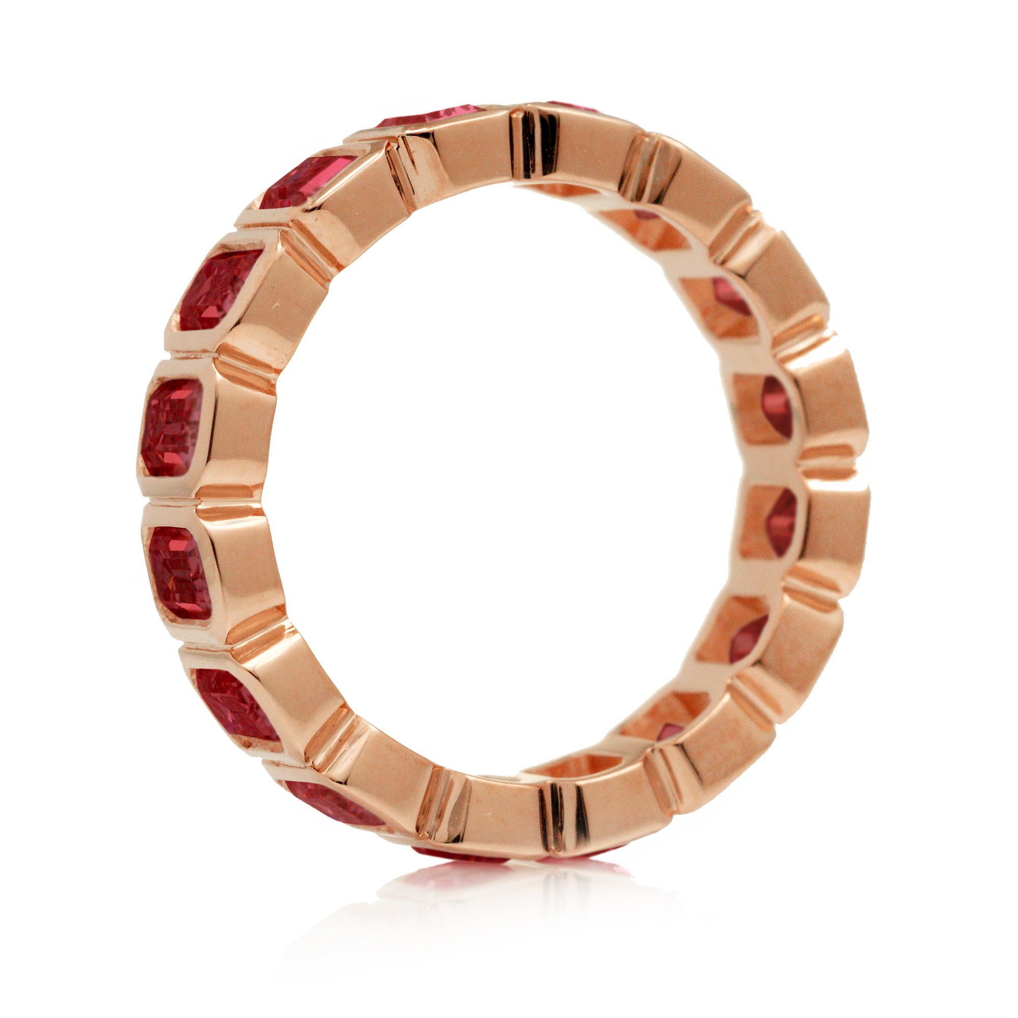 Side View Emerald Cut Ruby Eternity Band in Rose Gold