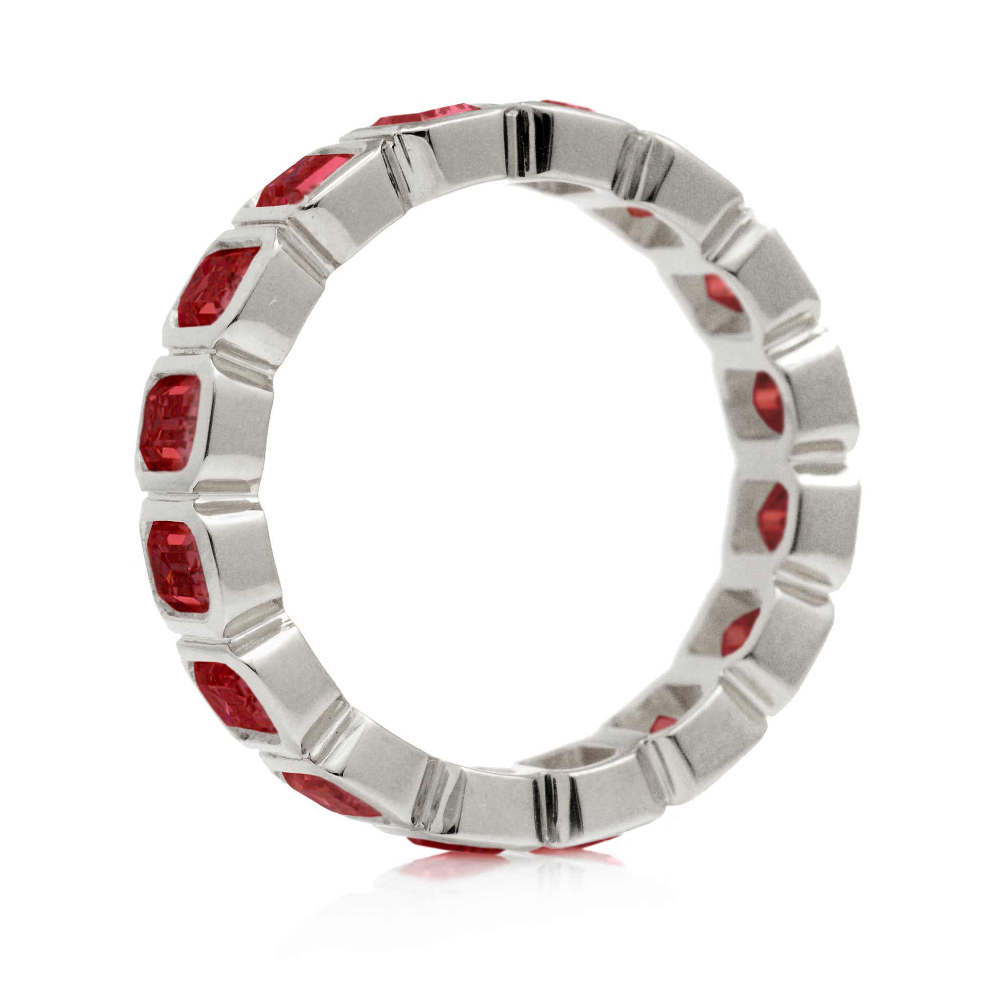 Side View Emerald Cut Ruby Eternity Band in White Gold