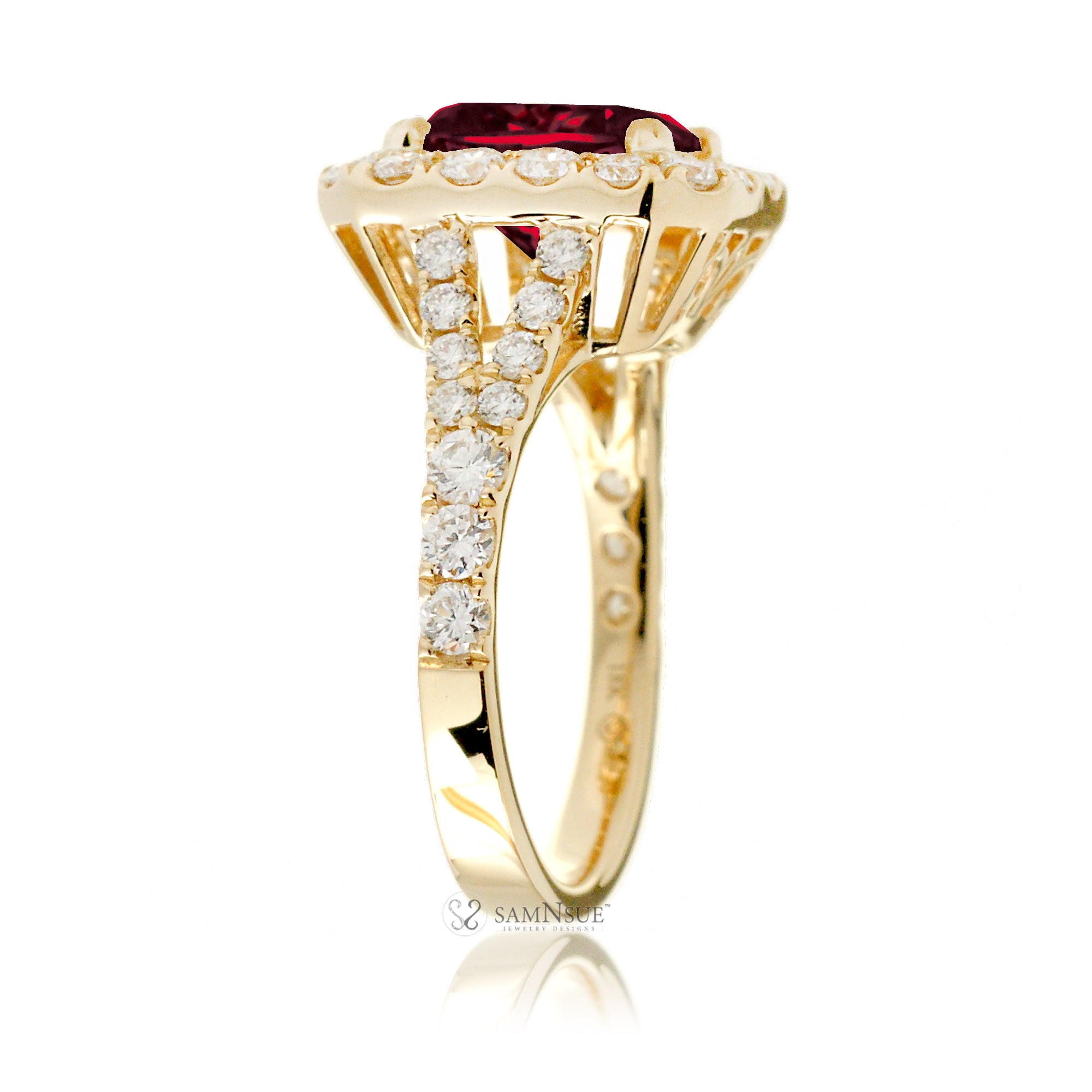 Emerald-Cut Ruby Engagement Ring with Diamond Halo and Split Shank Yellow Gold