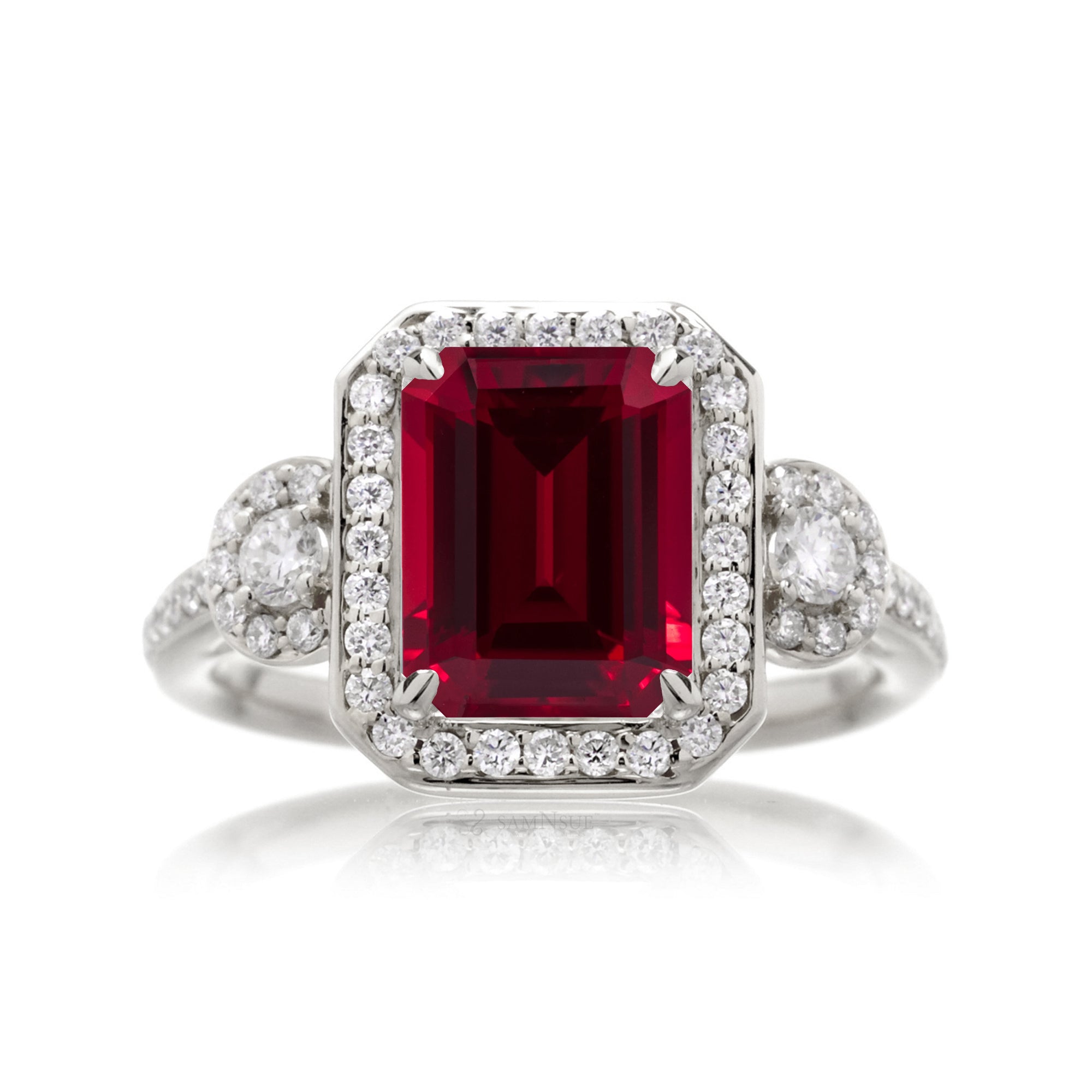 Ruby and Diamond Halo Engagement Ring – Emerald Cut Design