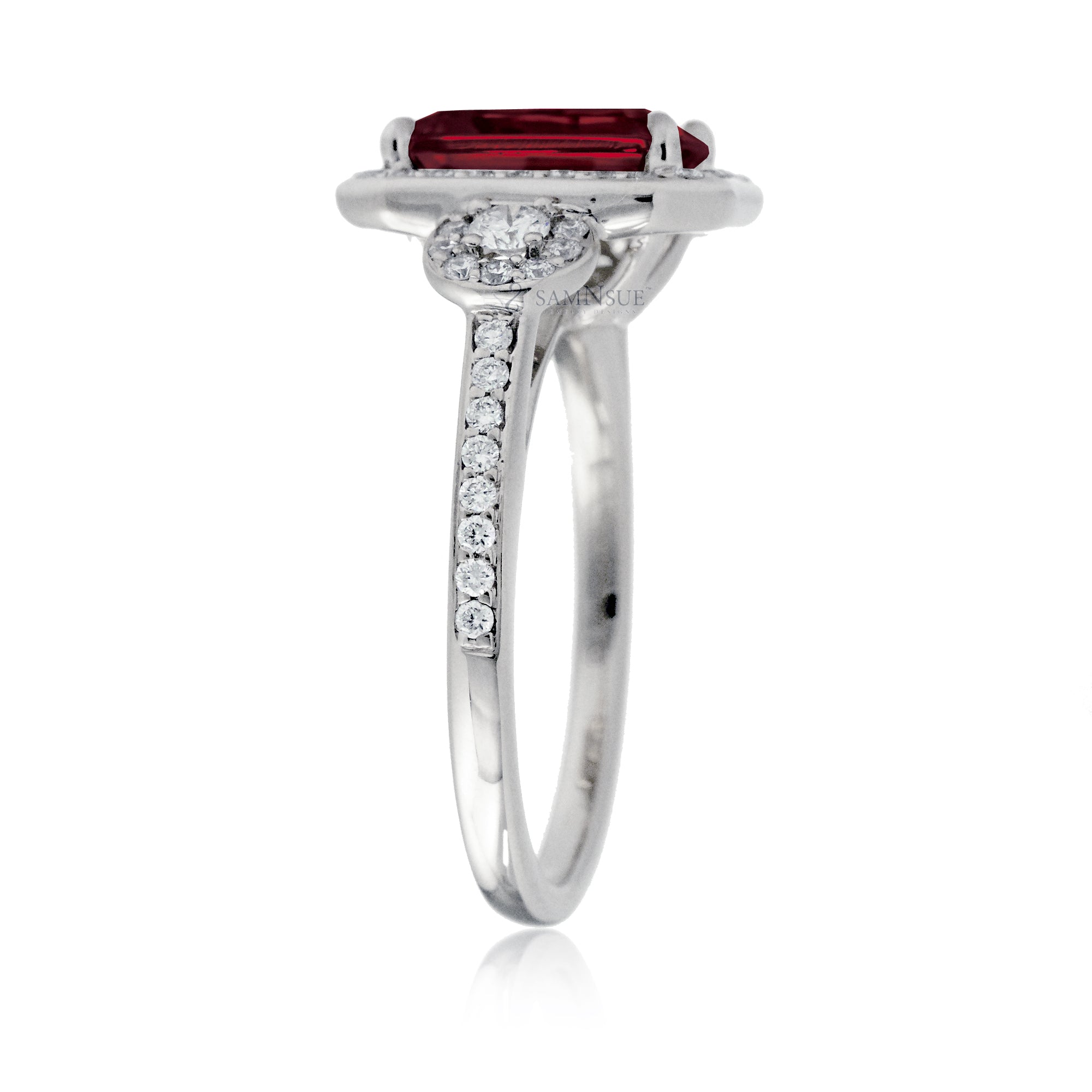 Ruby and Diamond Halo Engagement Ring – Emerald Cut Design