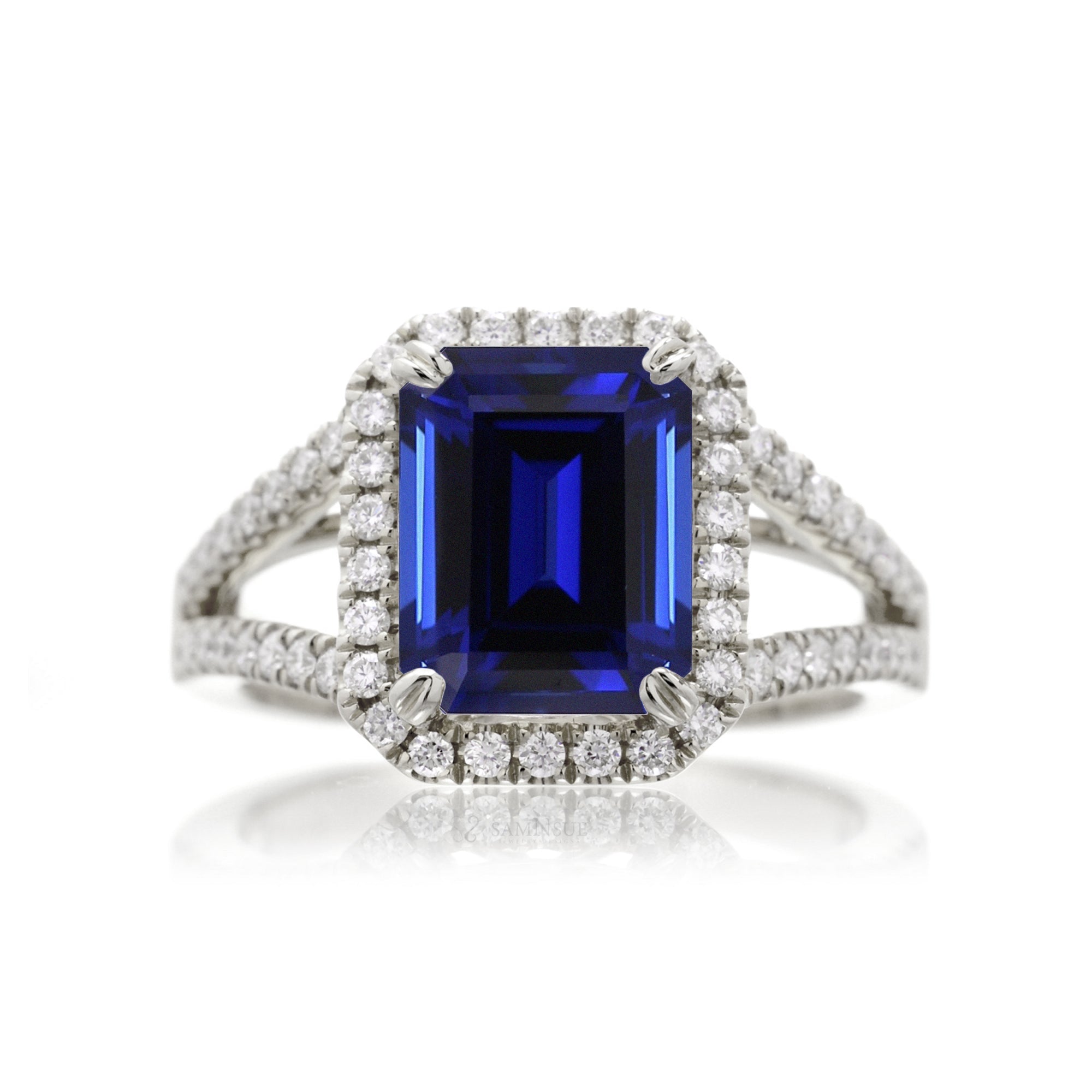 The Signature Split Band Sapphire Emerald Cut Halo Ring