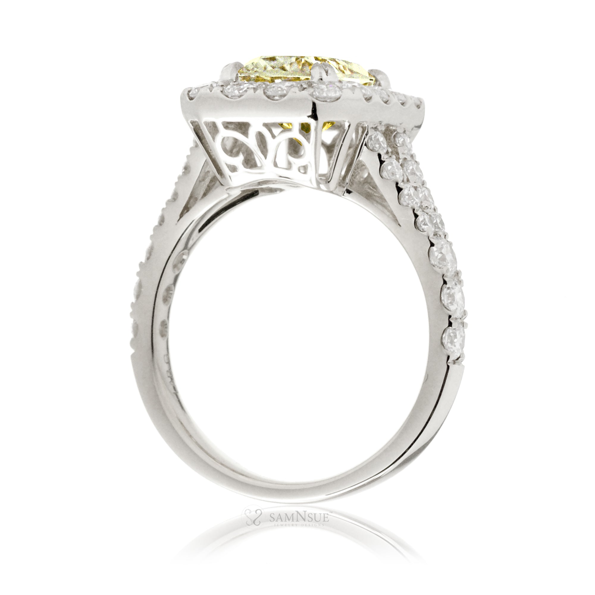 Yellow Sapphire Engagement Ring with Emerald Cut and Split Diamond Band – The Meghan in White Gold