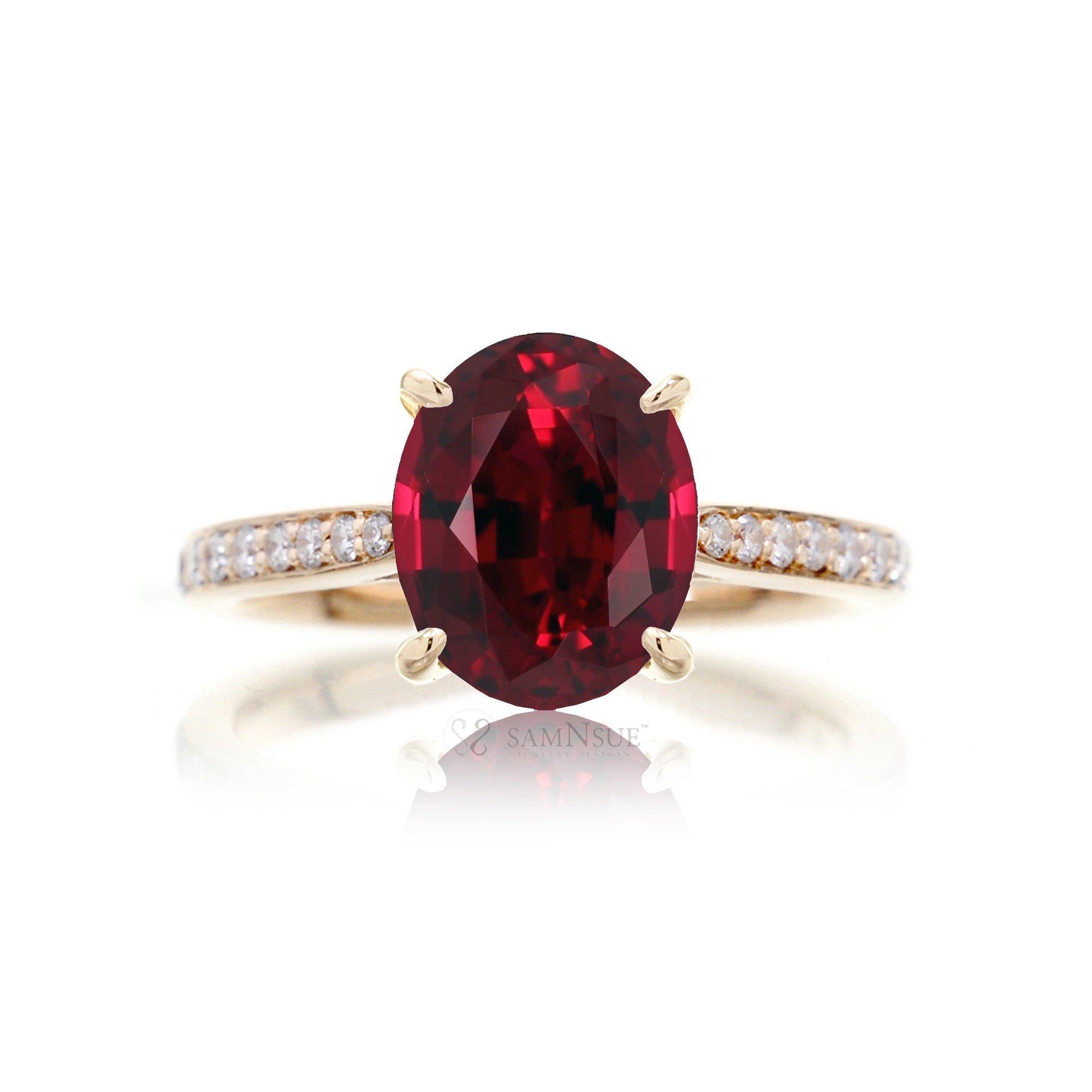 Oval cut ruby engagement ring with diamond hidden halo and band yellow gold