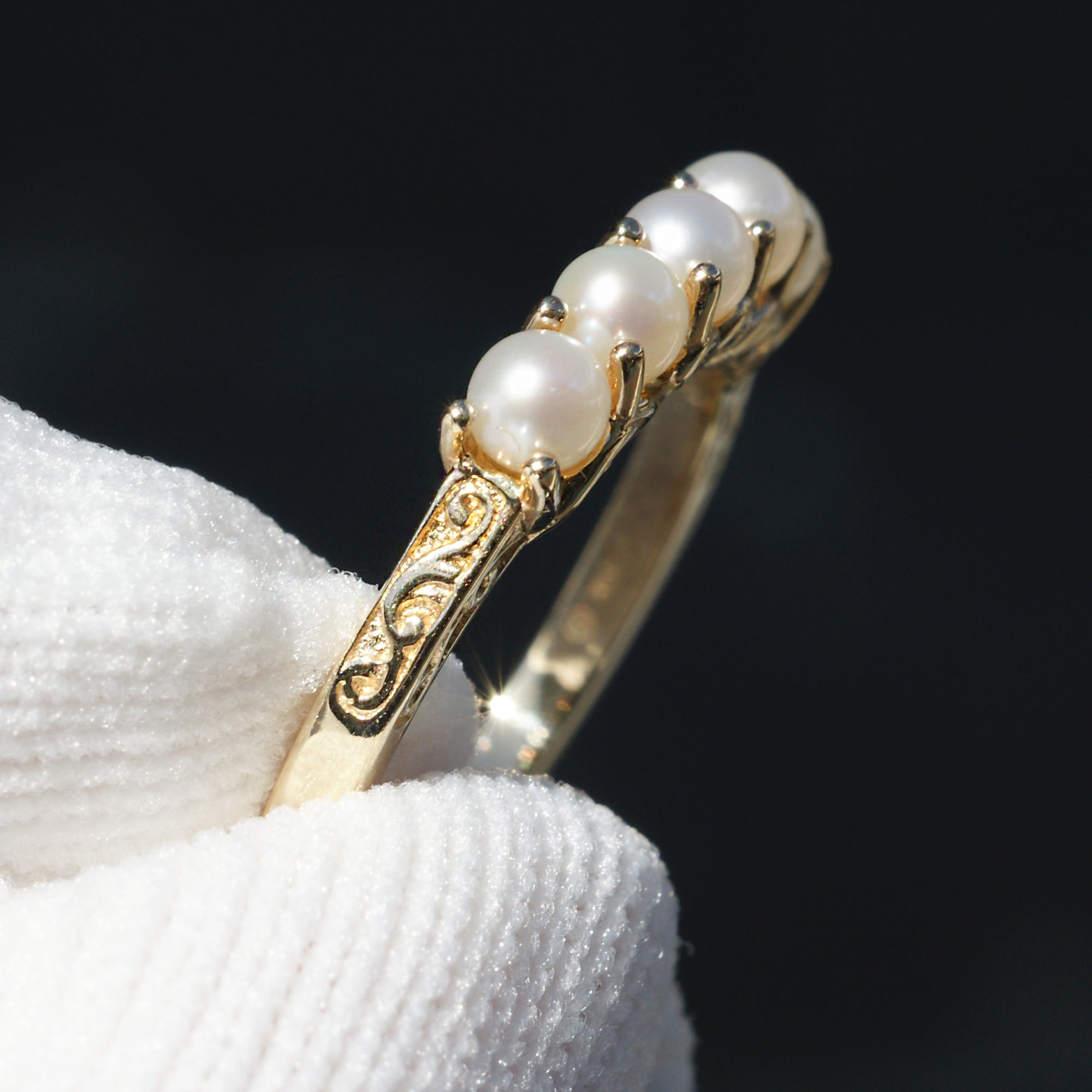 Five pearl wedding anniversary promise ring yellow gold band