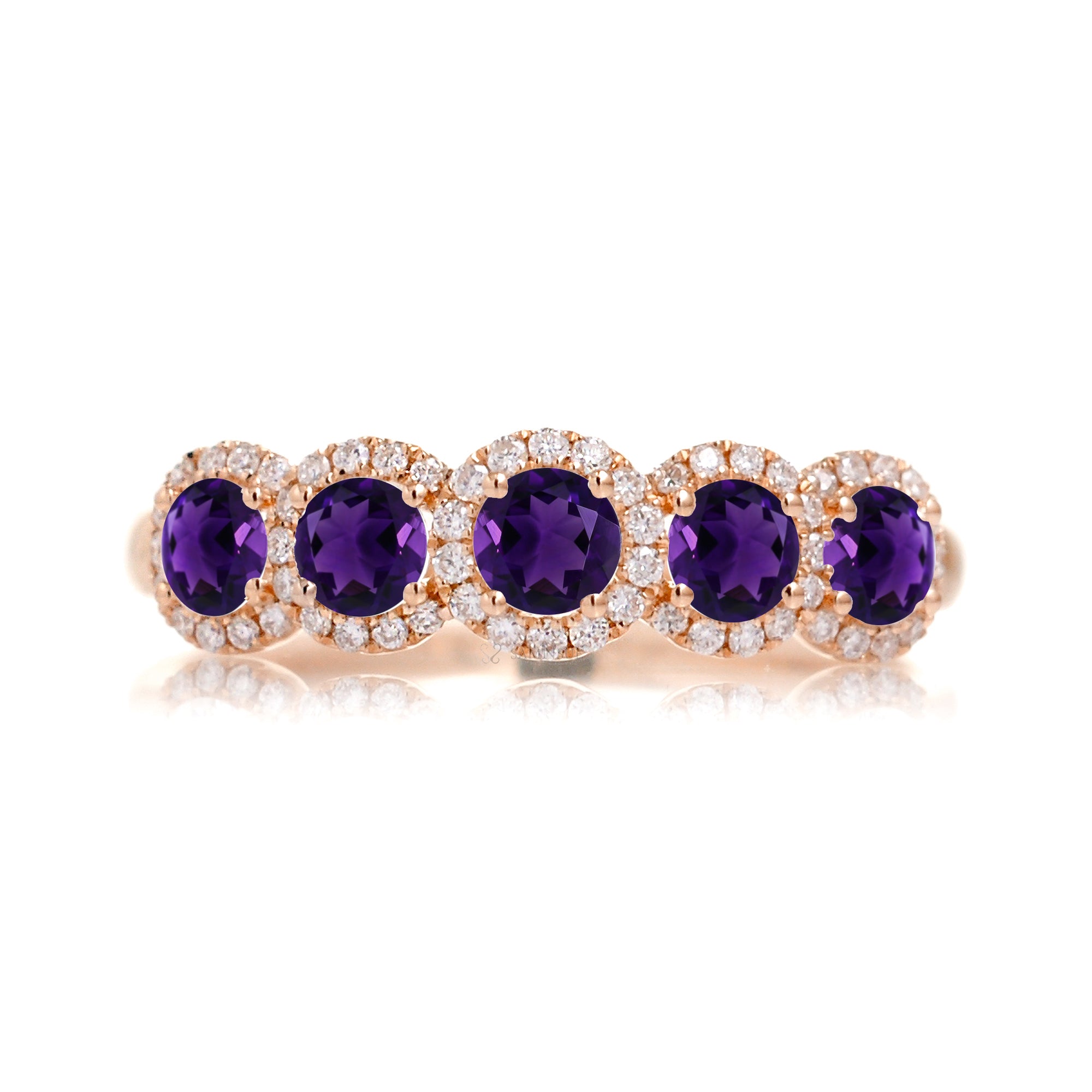 Five stone amethyst with diamond halo anniversary band rose gold