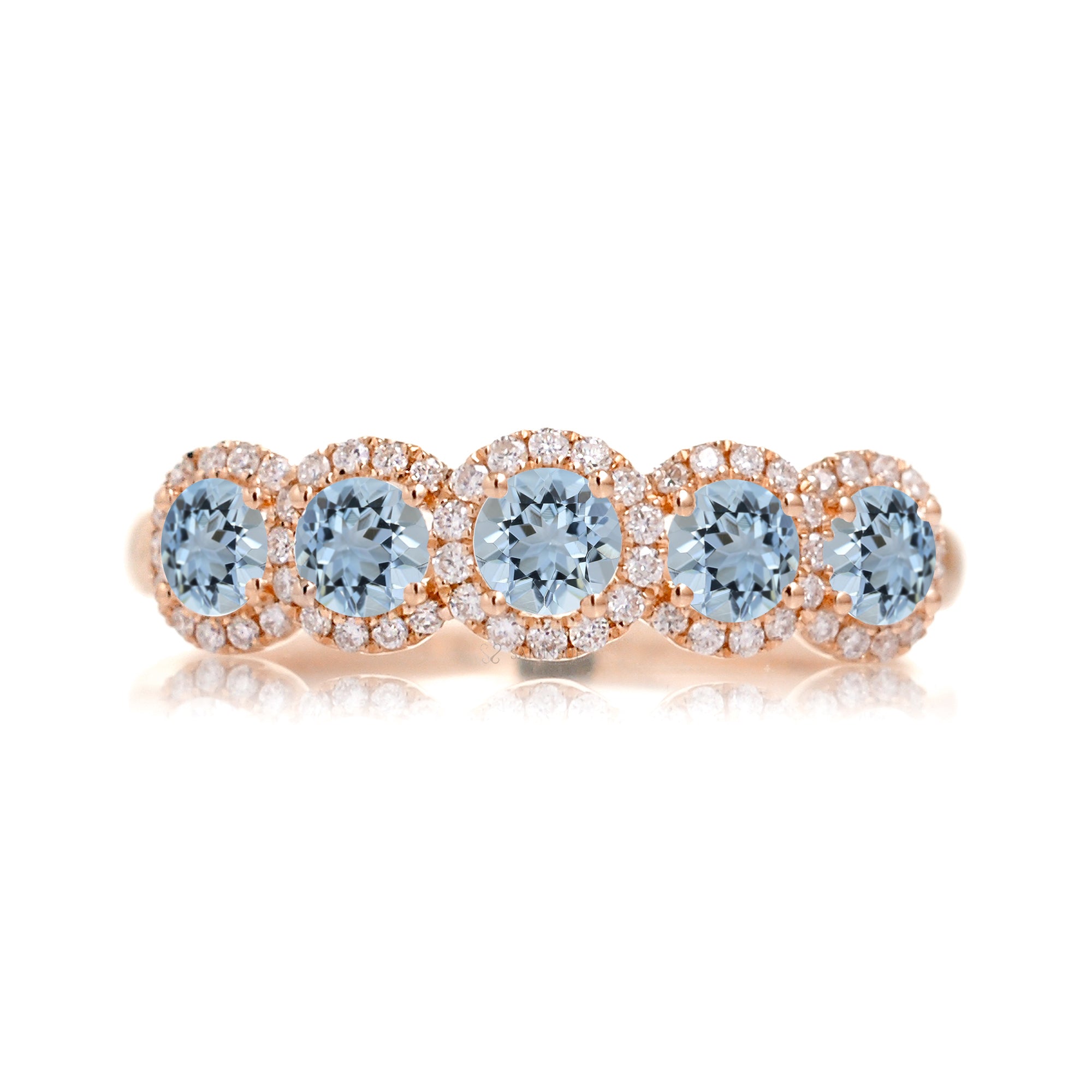 Five stone aquamarine diamond halo wedding anniversary band rose gold the olivia