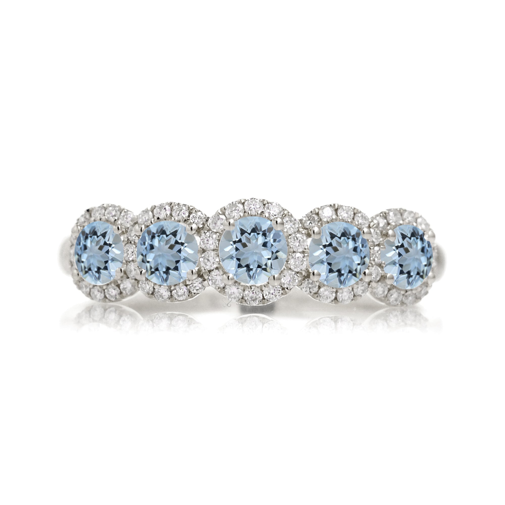 Five stone aquamarine diamond halo wedding anniversary band white gold the olivia