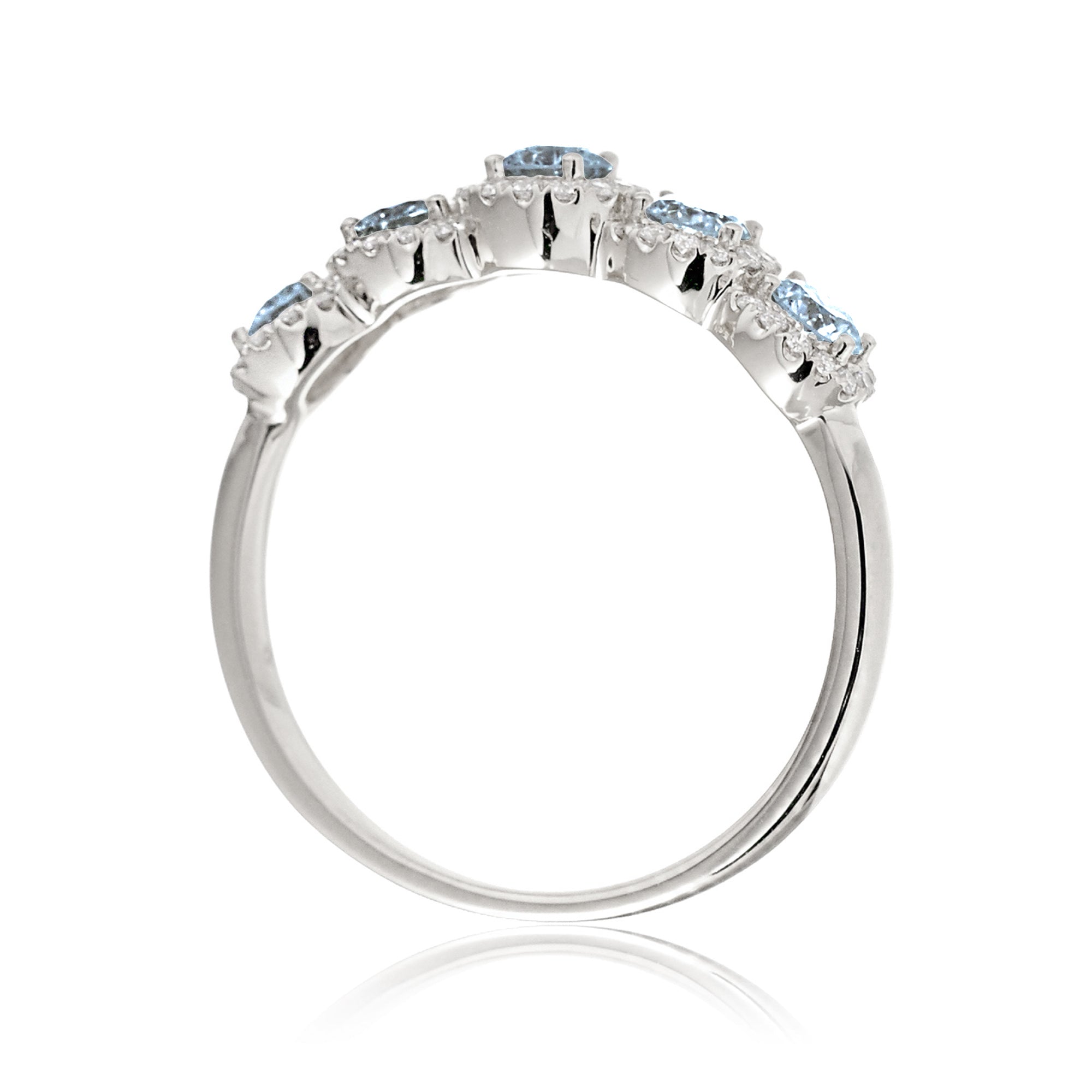 Five stone aquamarine diamond halo wedding anniversary band white gold the olivia