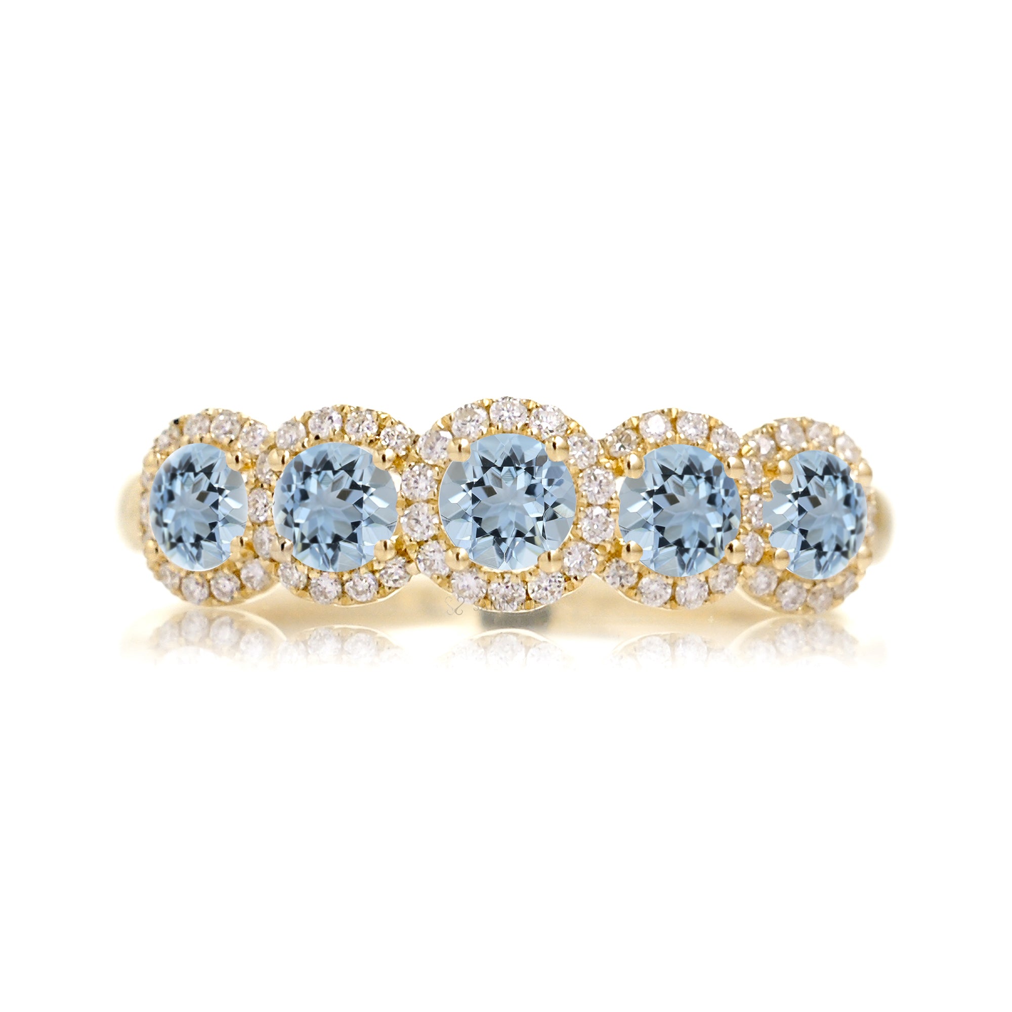 Five stone aquamarine diamond halo wedding anniversary band yellow gold the olivia