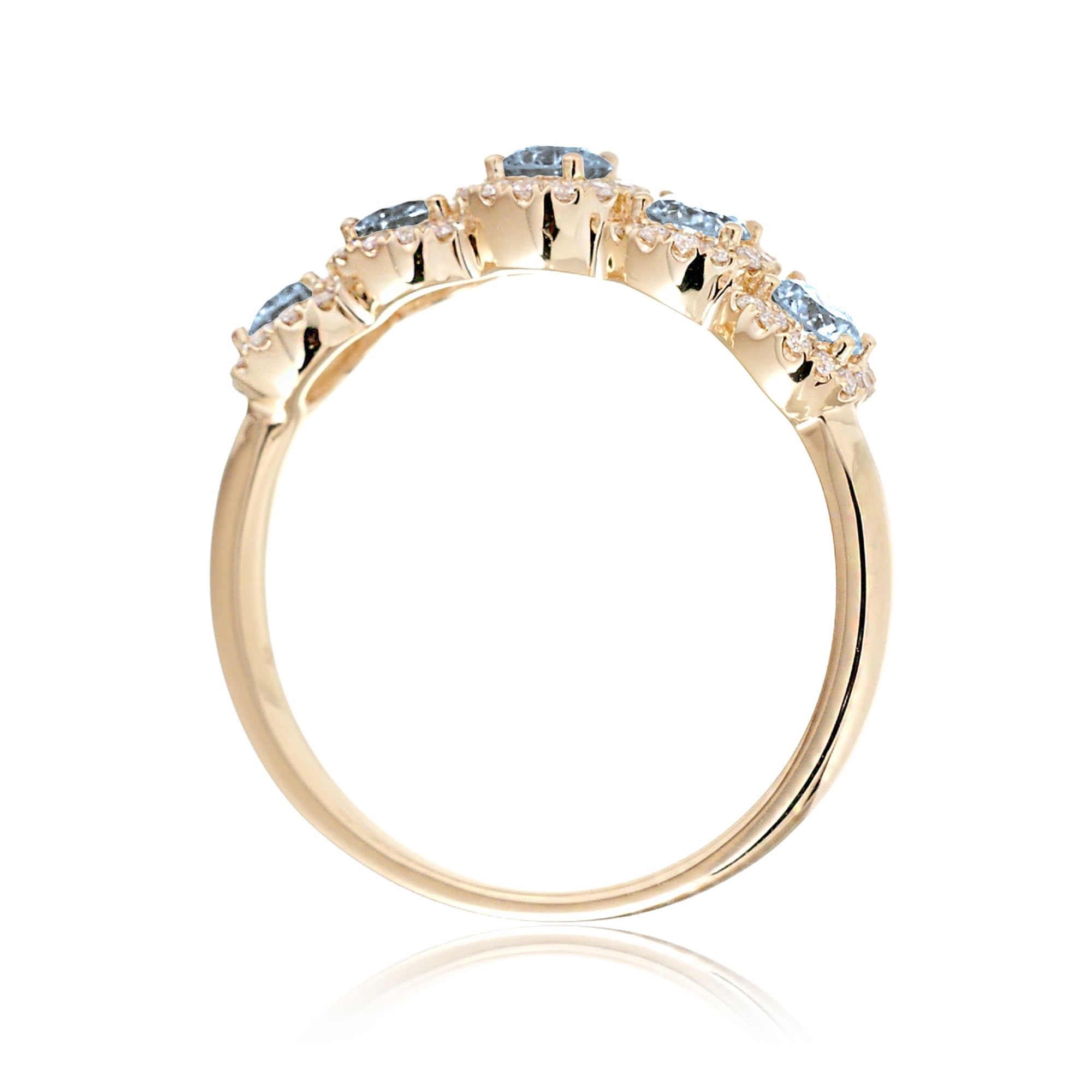 Five stone aquamarine diamond halo wedding anniversary band yellow gold the olivia