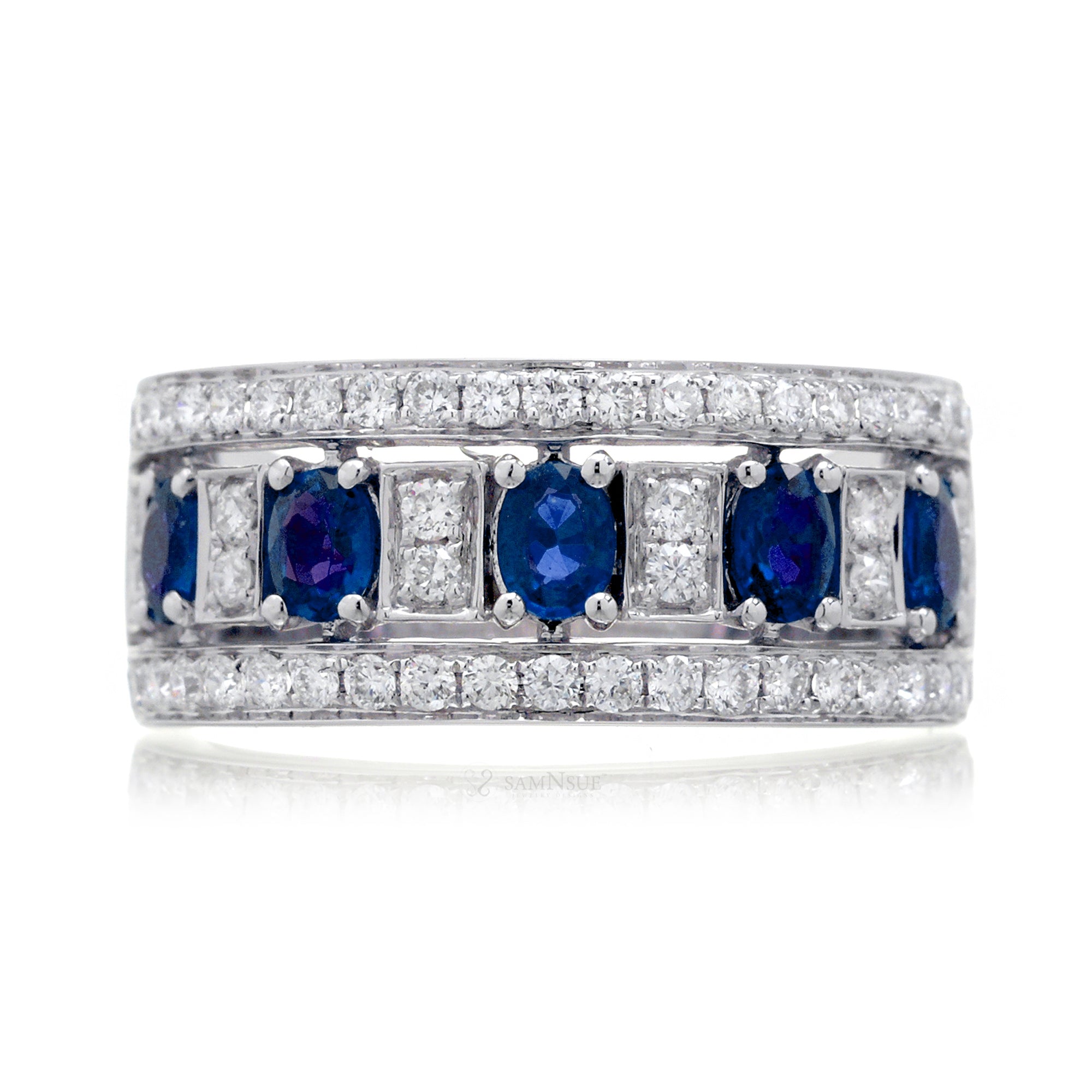 Five stone blue sapphire anniversary diamond ring
