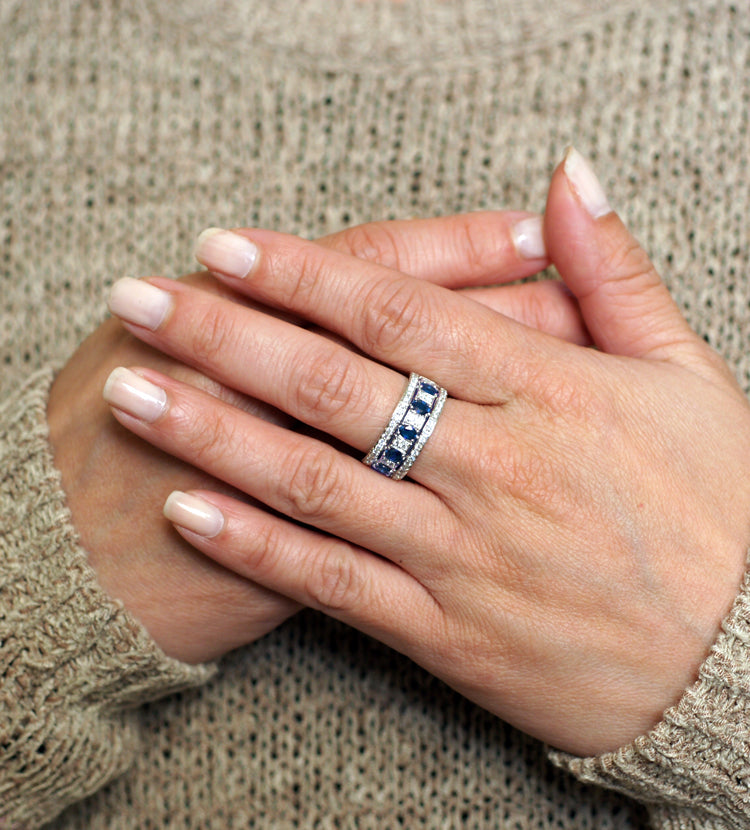 Five stone blue sapphire anniversary diamond ring
