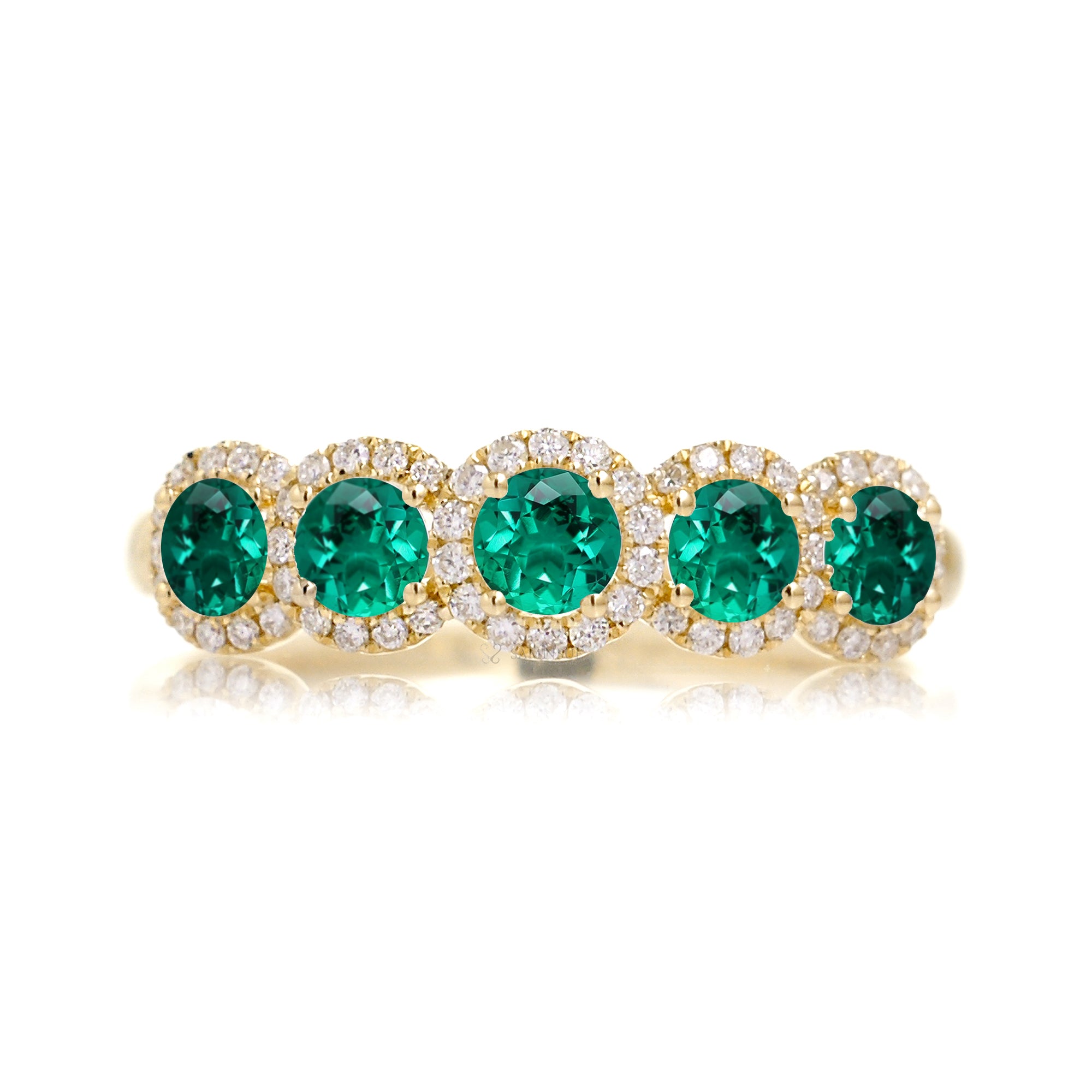 Emerald five stone diamond halo anniversary wedding band yellow gold