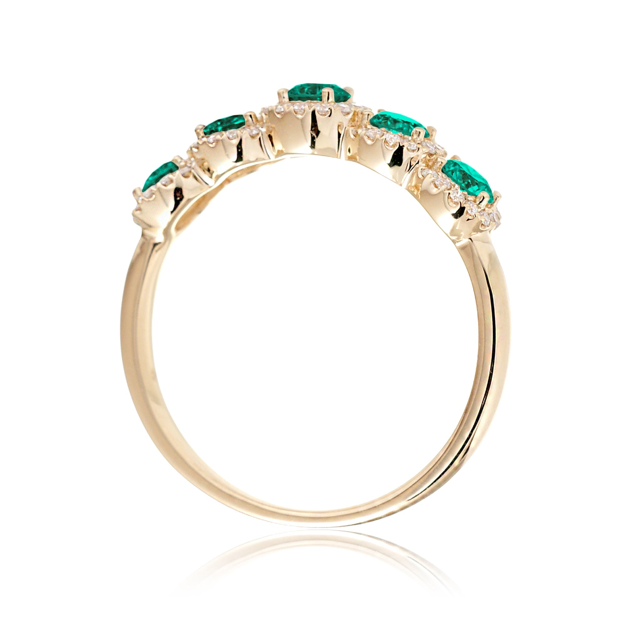 Emerald five stone diamond halo anniversary wedding band yellow gold