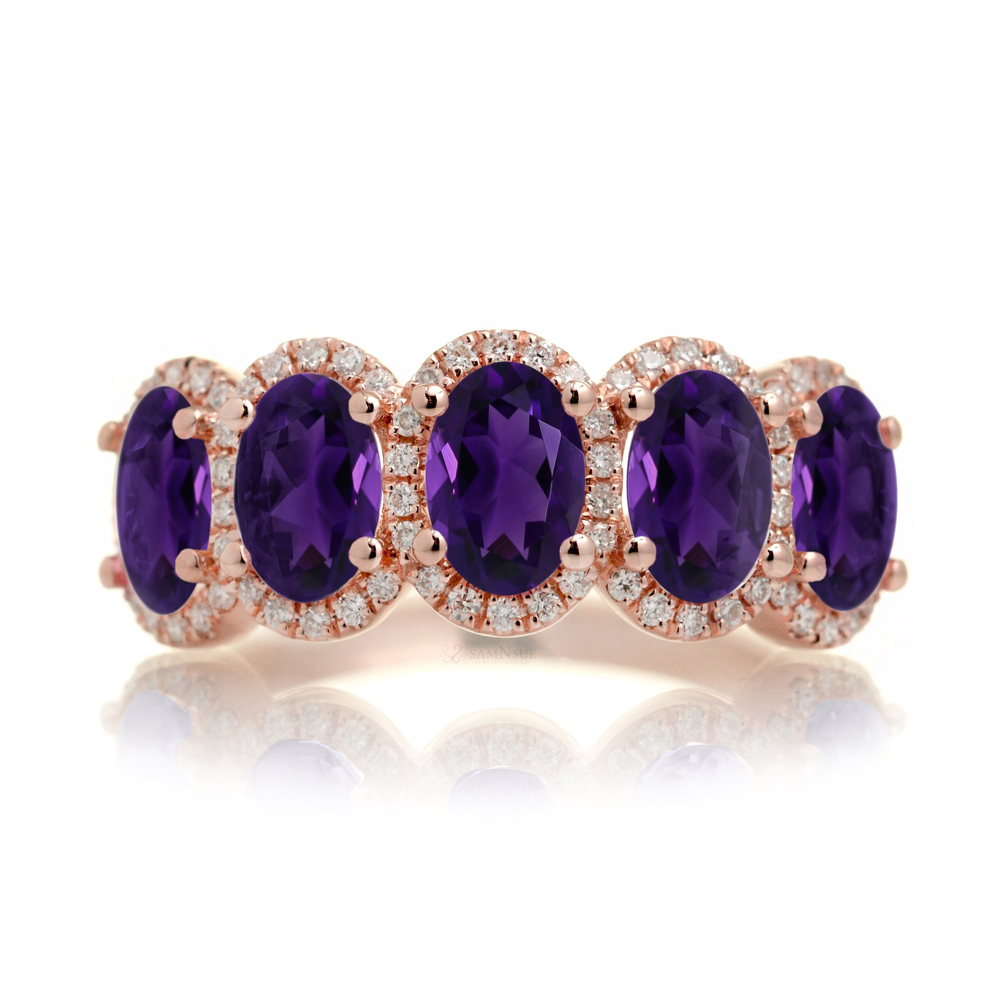 Amethyst five stone wedding anniversary band with diamond halo in rose gold
