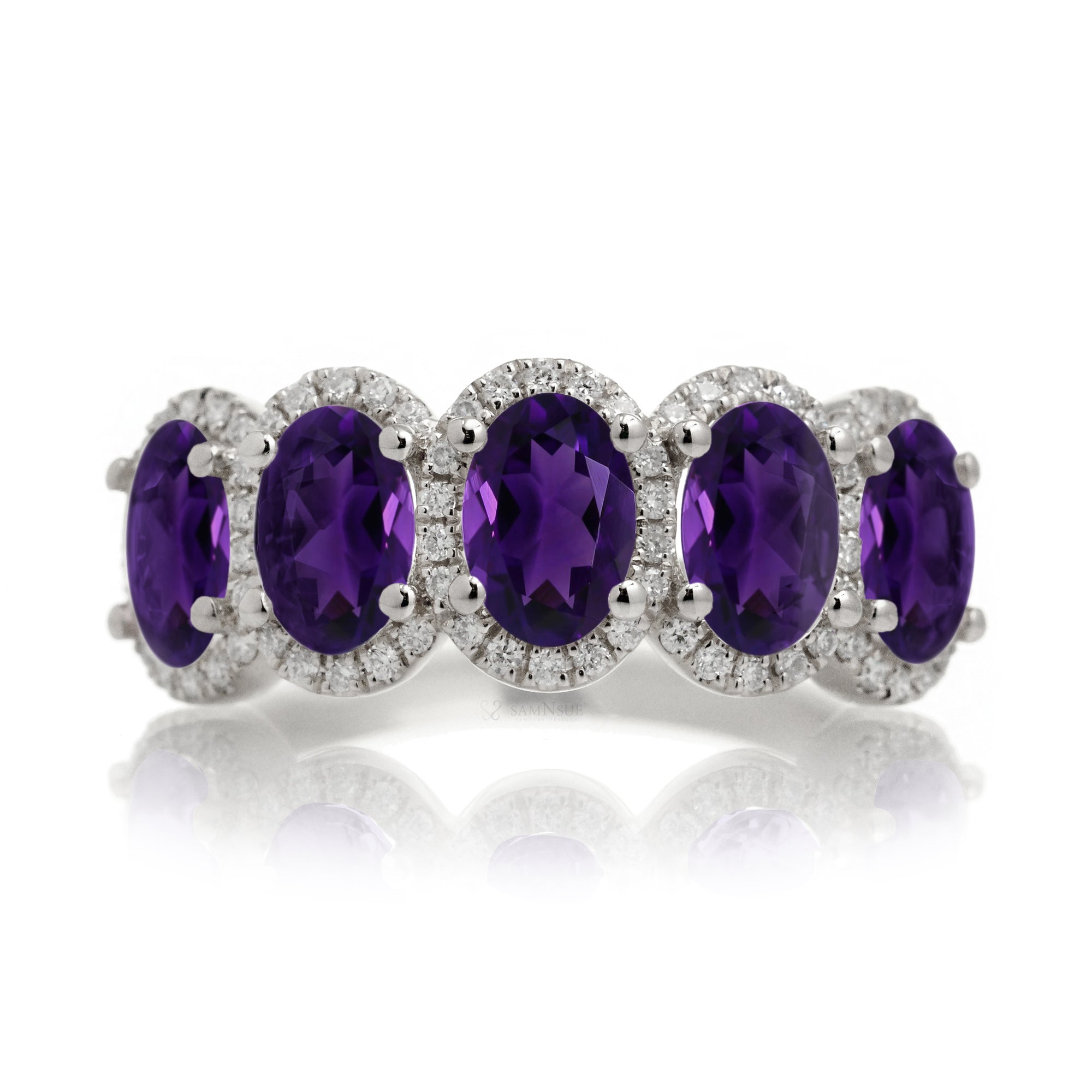 Amethyst five stone wedding anniversary band with diamond halo in white gold