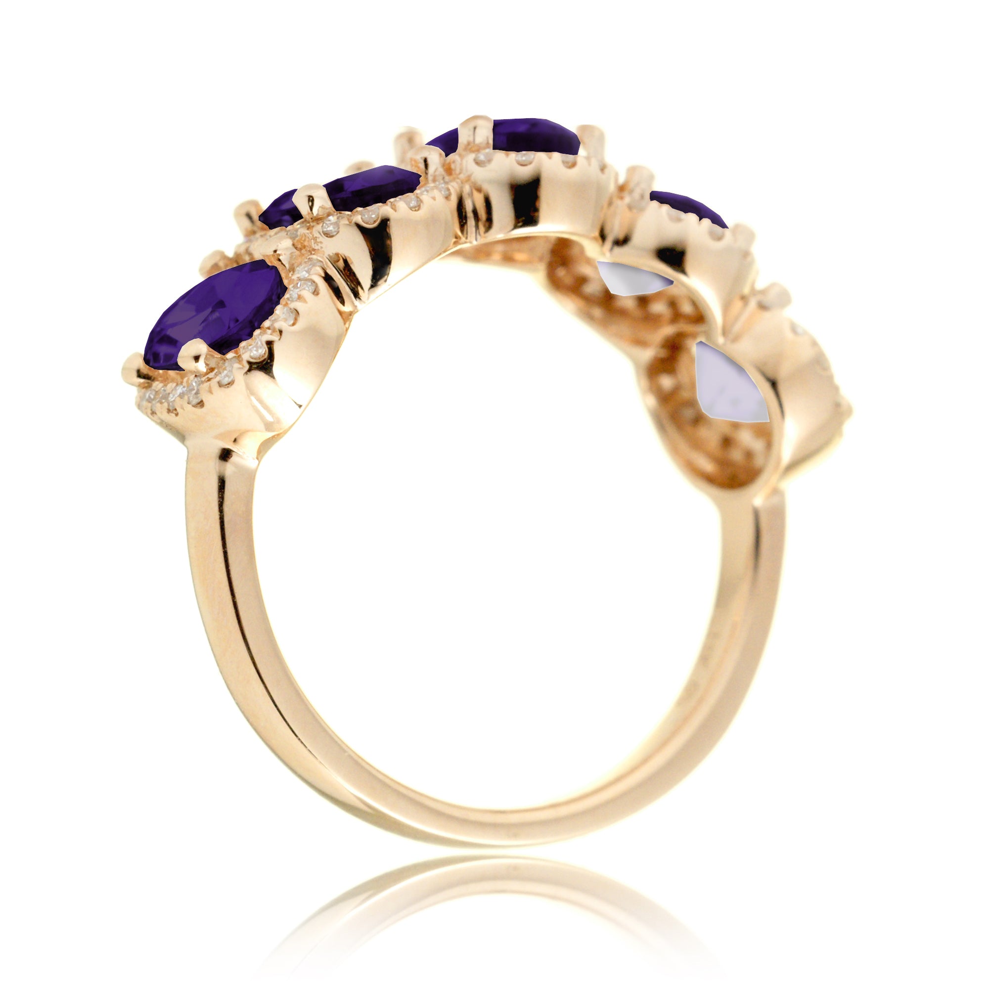 Amethyst five stone wedding anniversary band with diamond halo in yellow gold