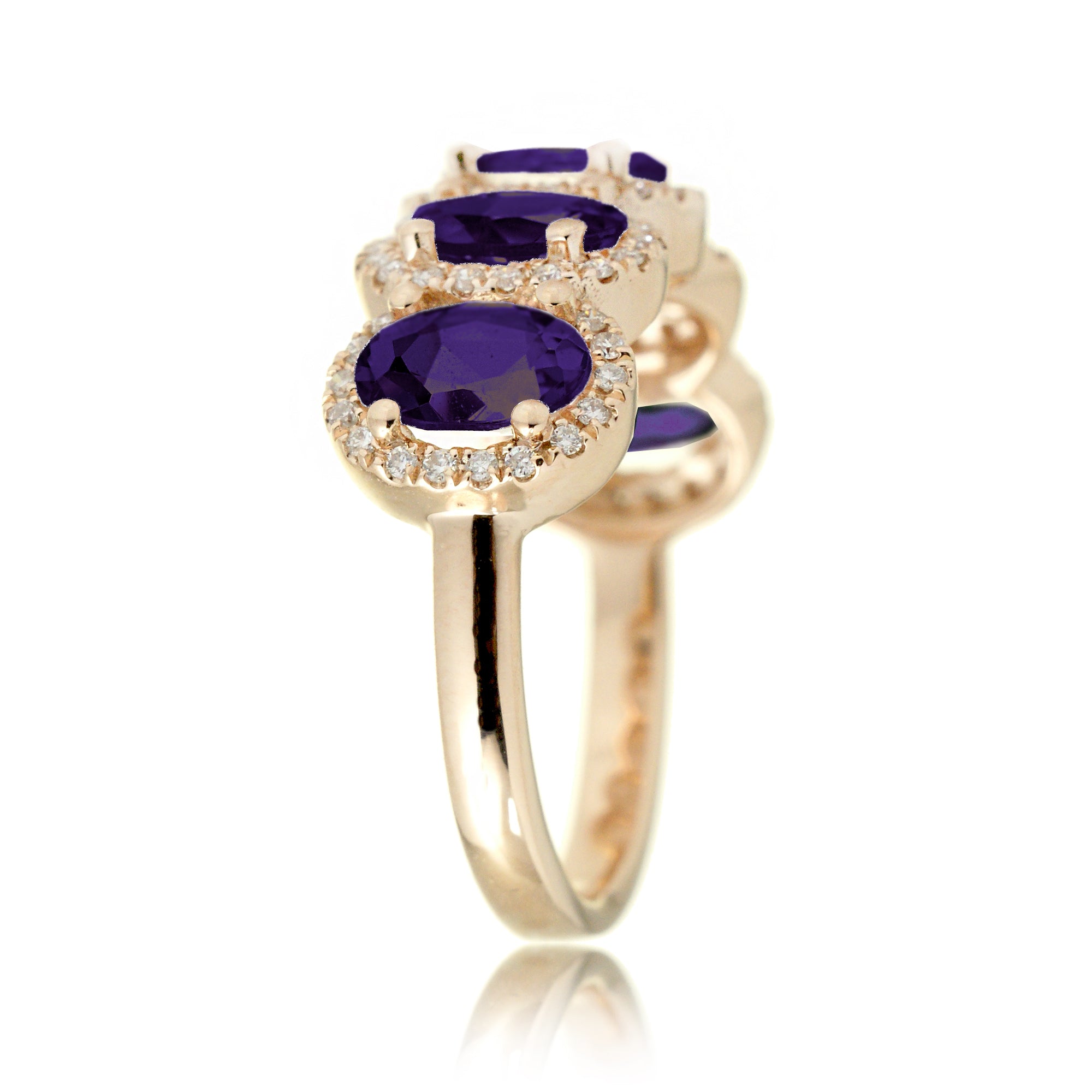 Amethyst five stone wedding anniversary band with diamond halo in yellow gold