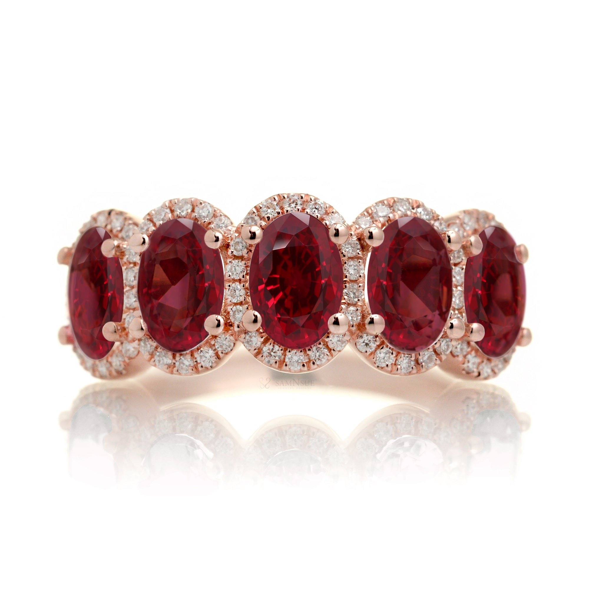 Five stone ruby anniversary band with diamond halo in rose gold
