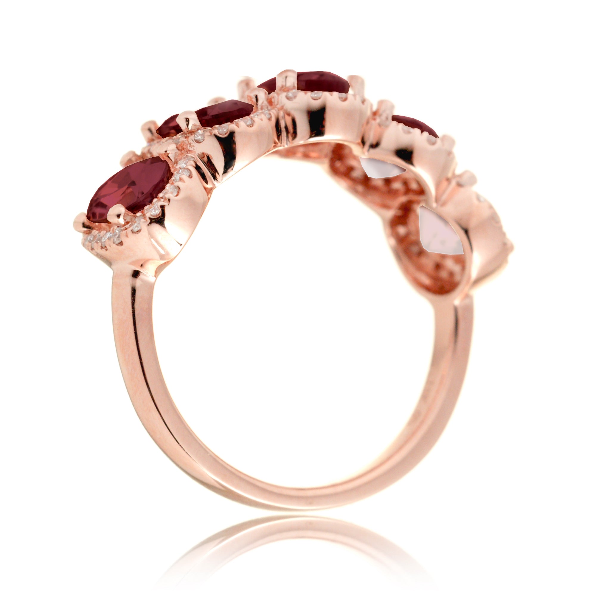 Five stone ruby anniversary band with diamond halo in rose gold