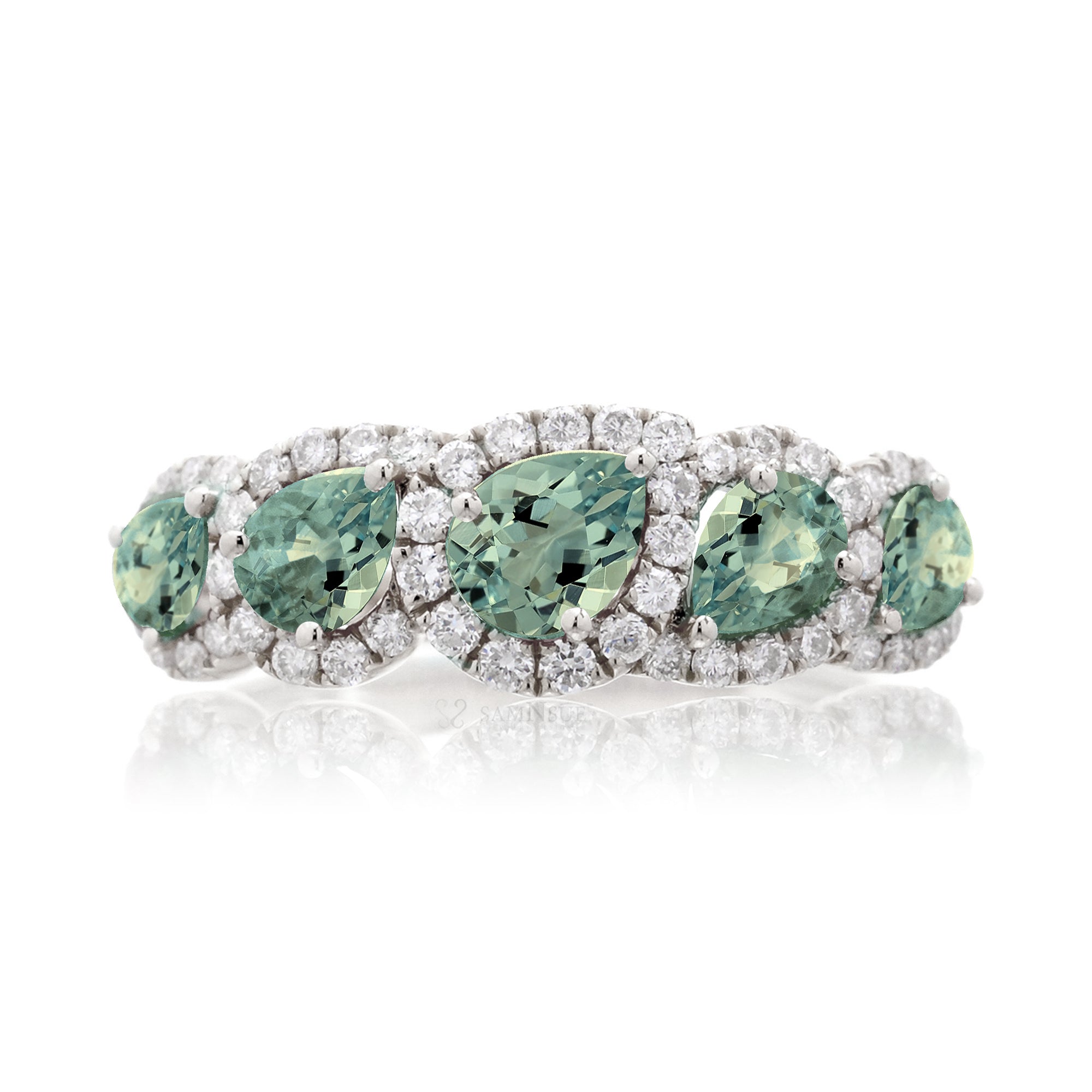 Green sapphire five stone anniversary wedding band white gold
