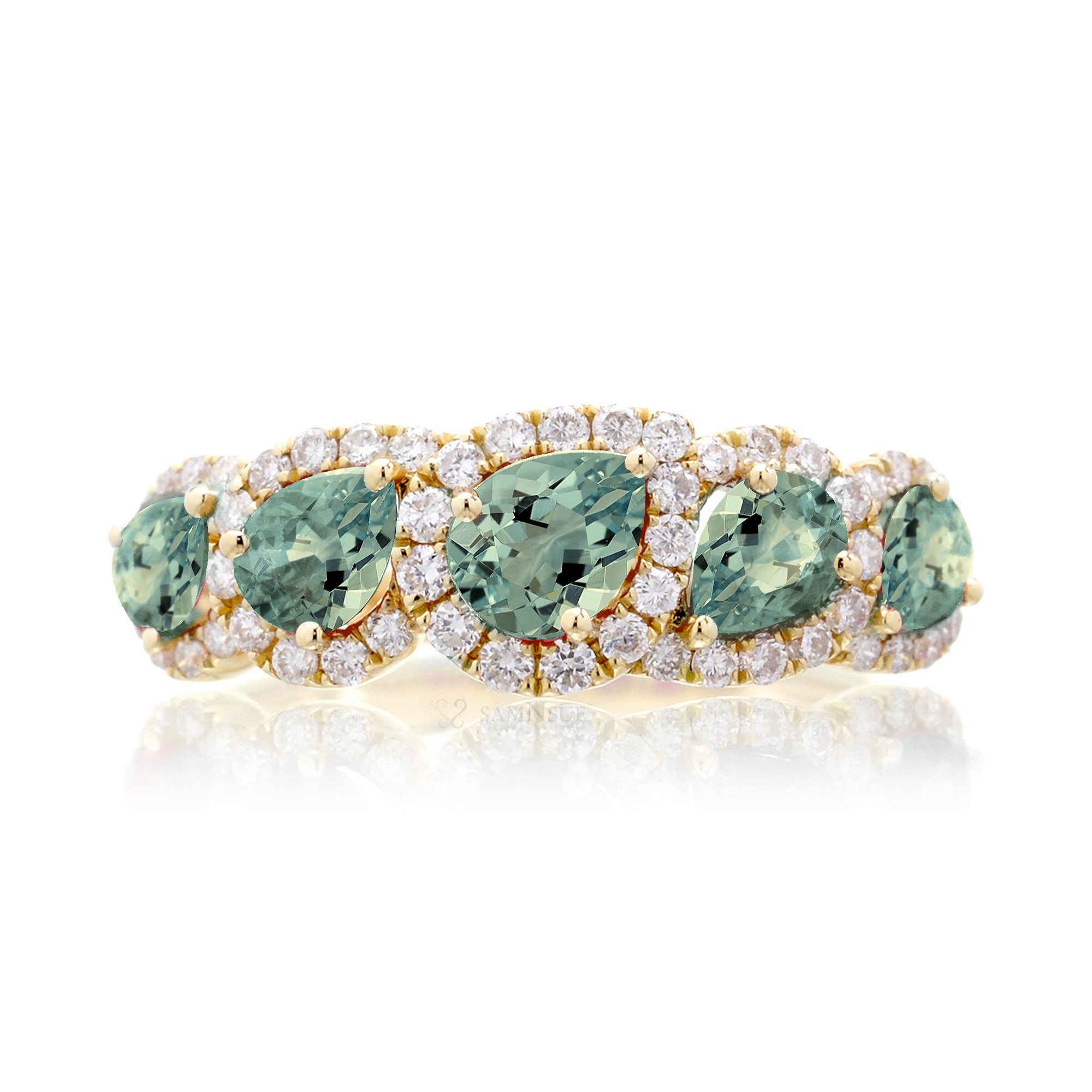 Green sapphire five stone anniversary wedding band yellow gold