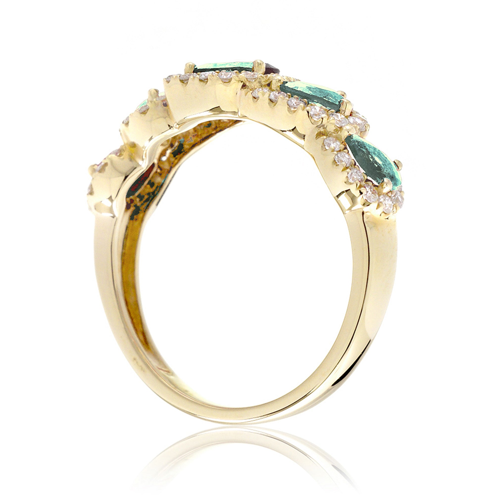 Green sapphire five stone anniversary wedding band yellow gold