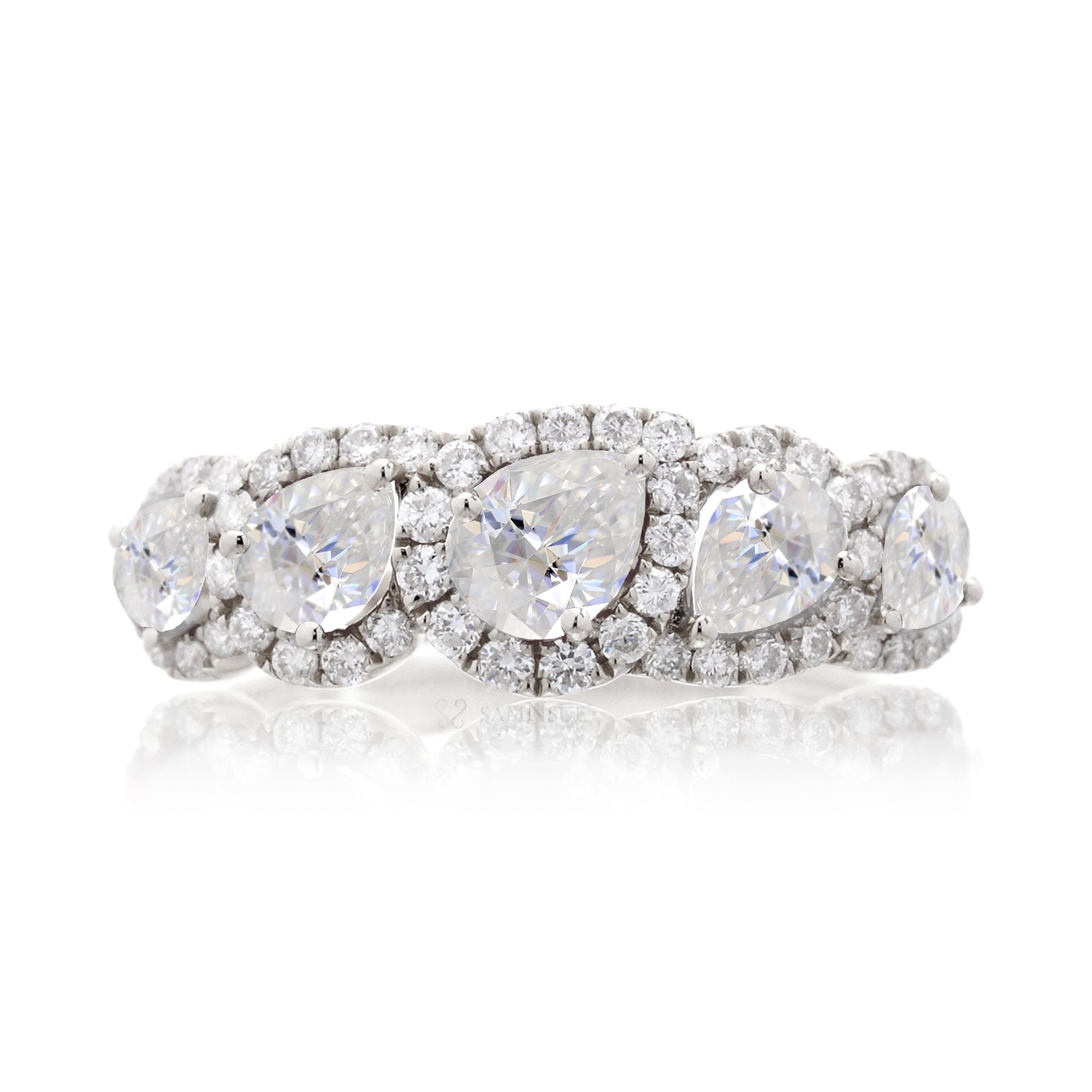 Moissanite pear cut five stone diamond halo anniversary wedding band white gold