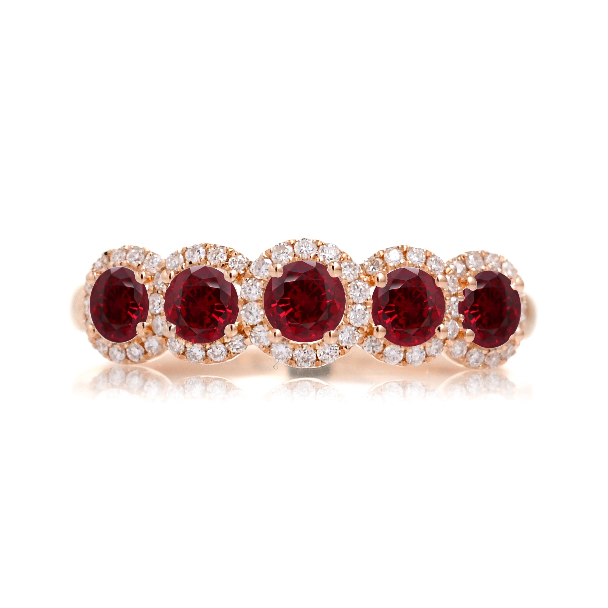 Five stone ruby diamond halo wedding anniversary band the olivia rose gold