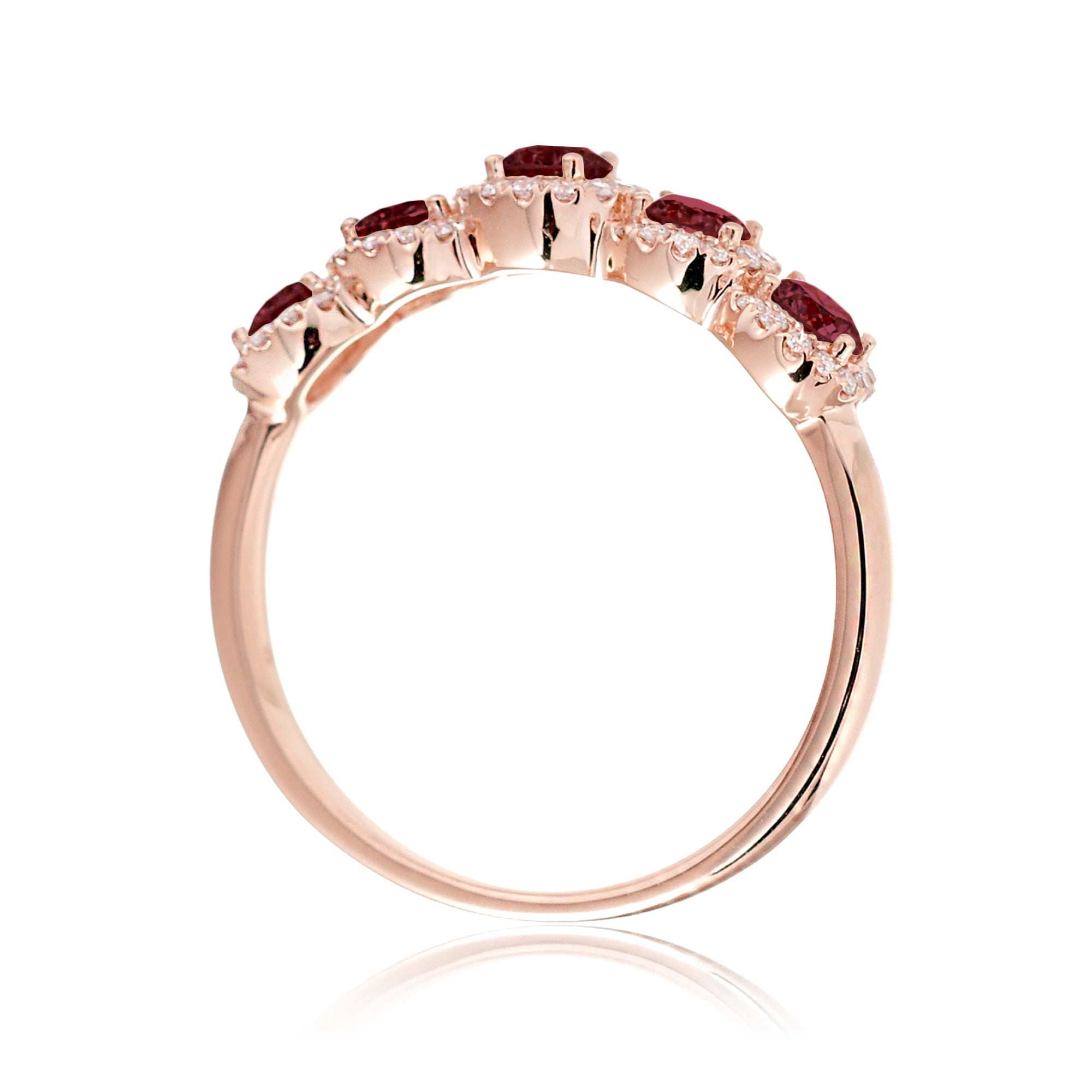 Five stone ruby diamond halo wedding anniversary band the olivia rose gold