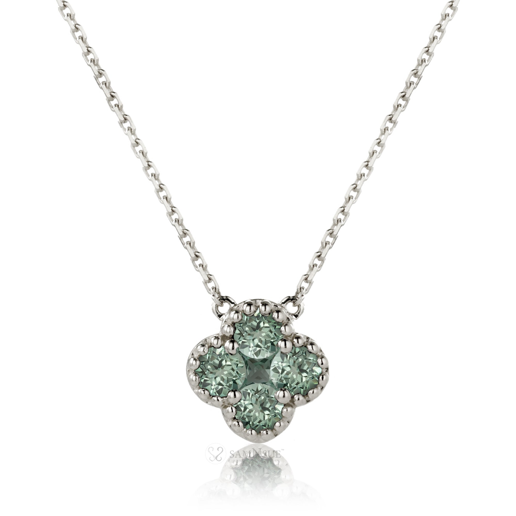 Green sapphire clover bezel necklace white gold