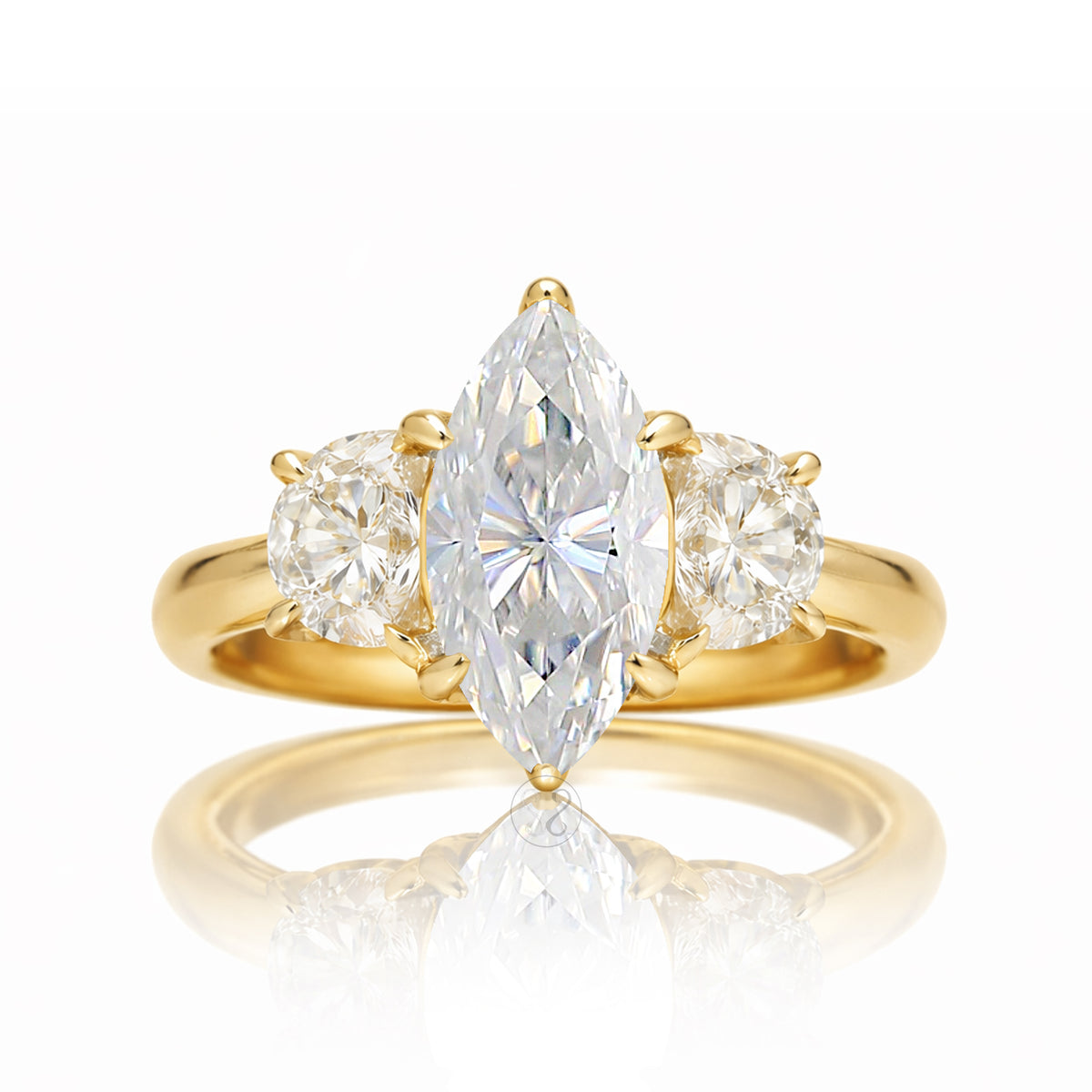 Past present future marquise cut green moissanite half moon diamond ring
