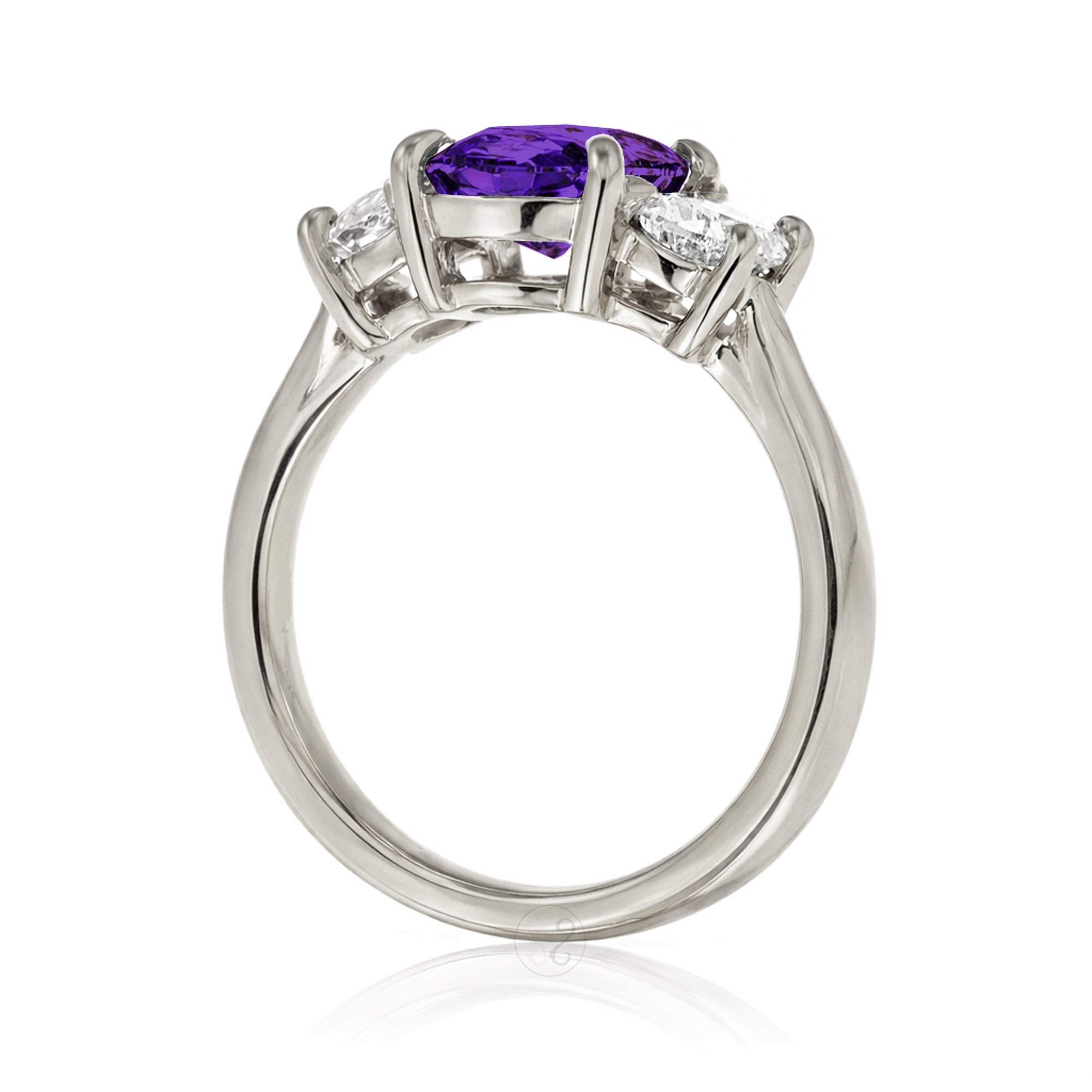 Amethyst three stone ring with half moon diamond past present future white gold