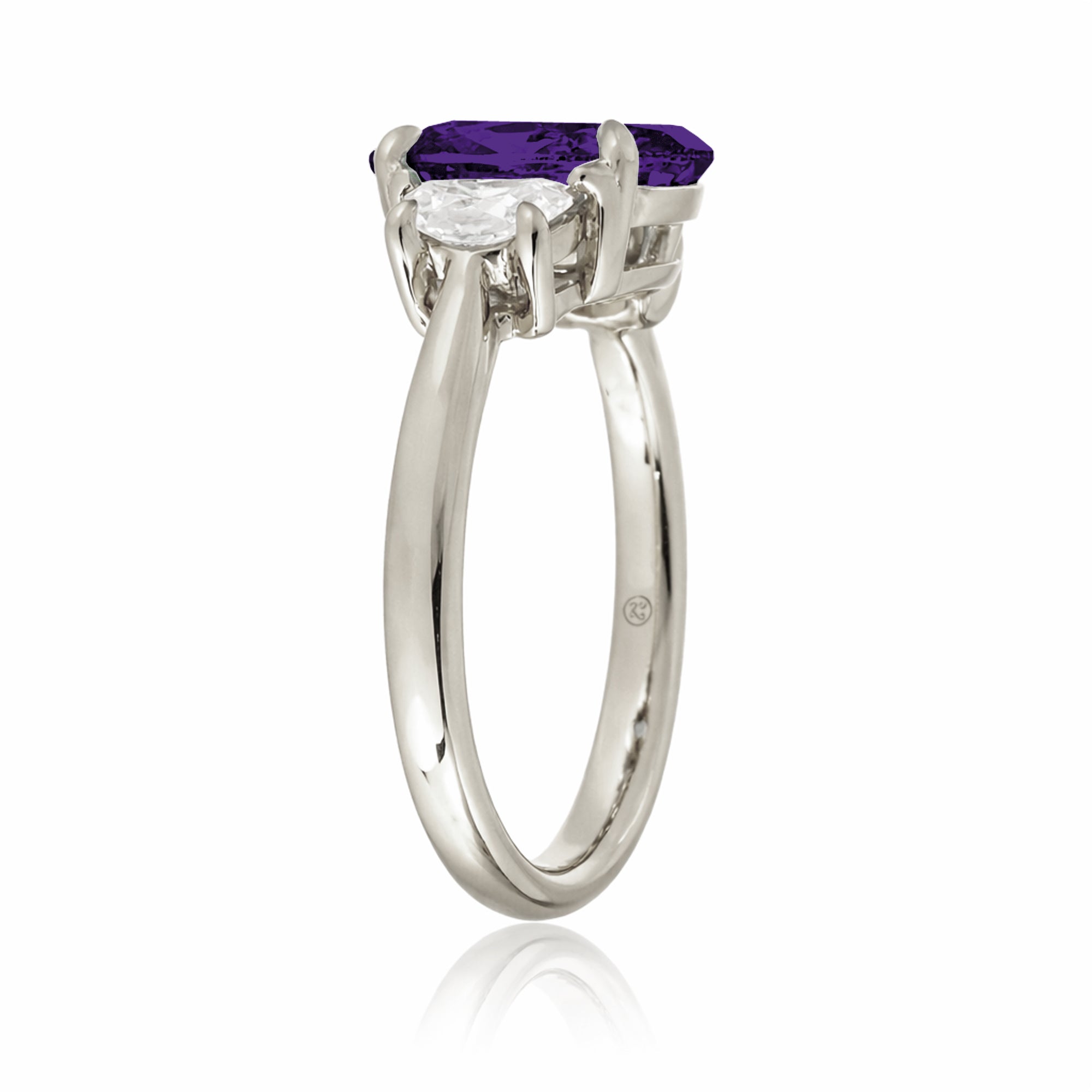 Amethyst three stone ring with half moon diamond past present future white gold