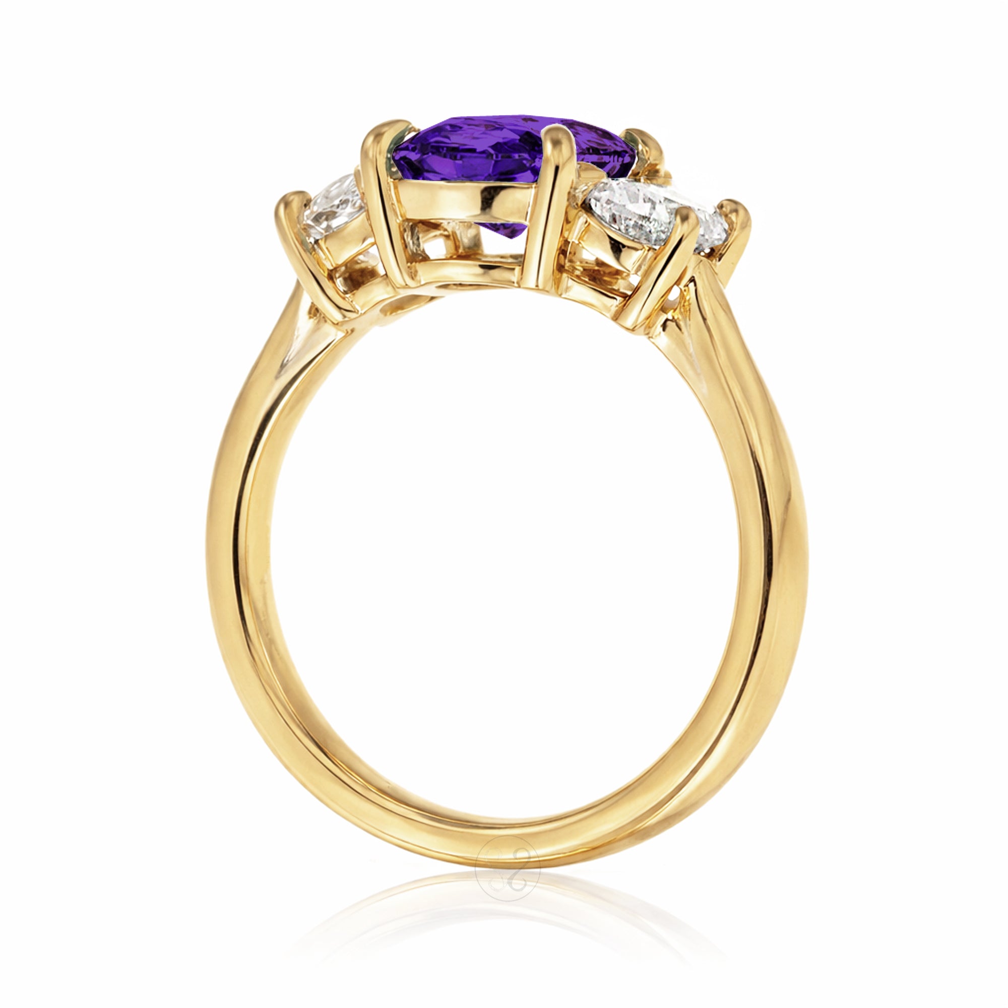 Amethyst three stone ring with half moon diamond past present future yellow gold