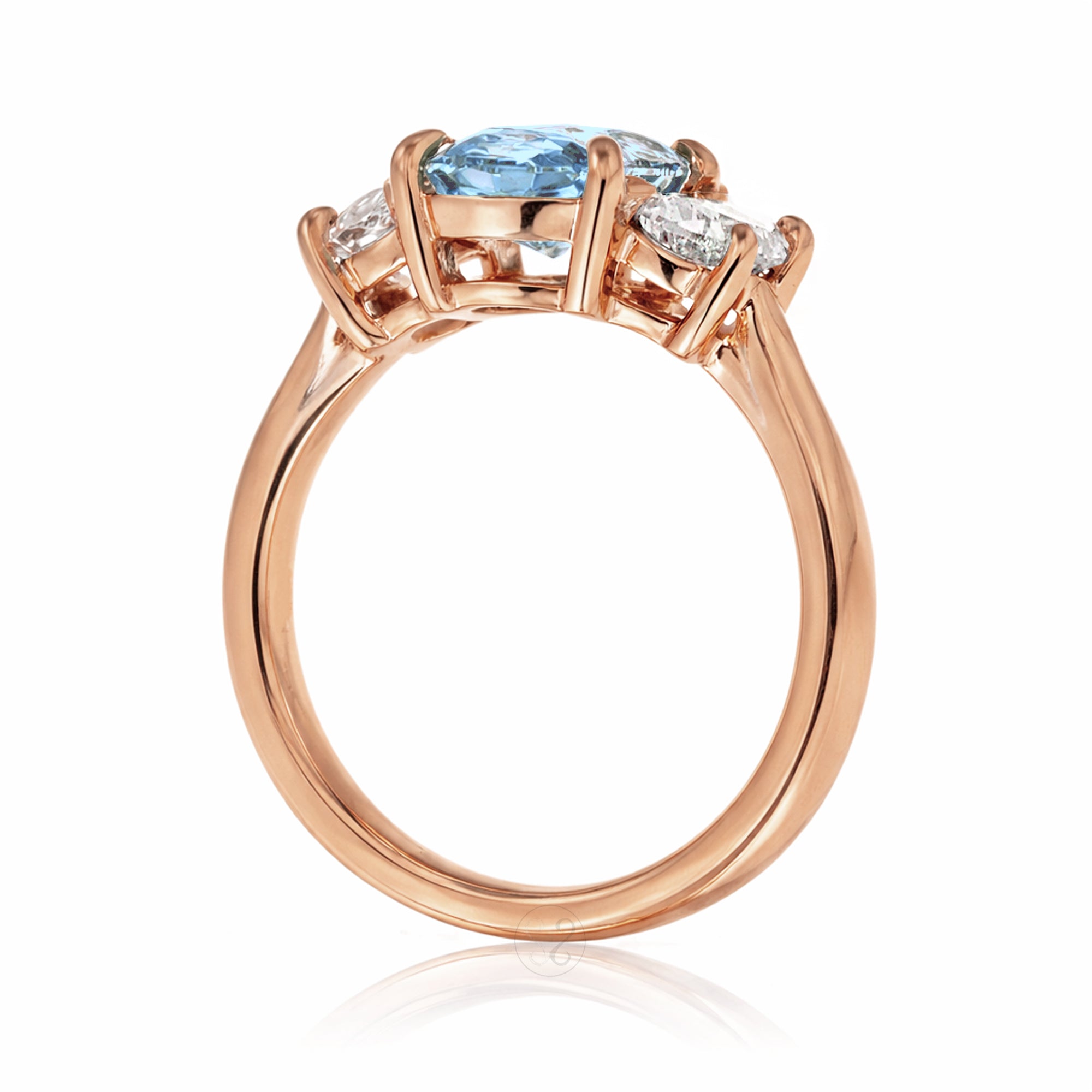 Aquamarine past present future ring with half moon diamonds in rose gold