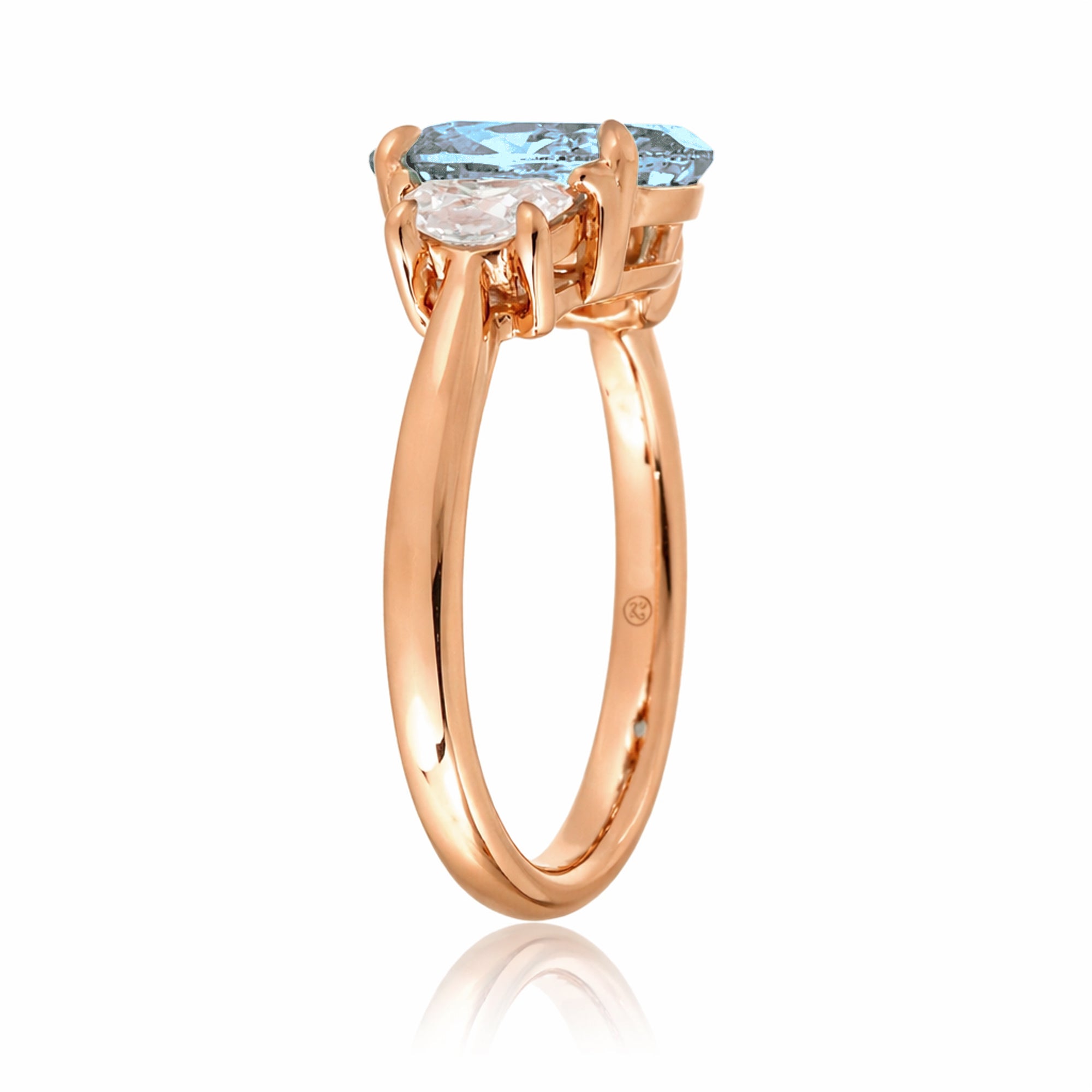 Aquamarine past present future ring with half moon diamonds in rose gold