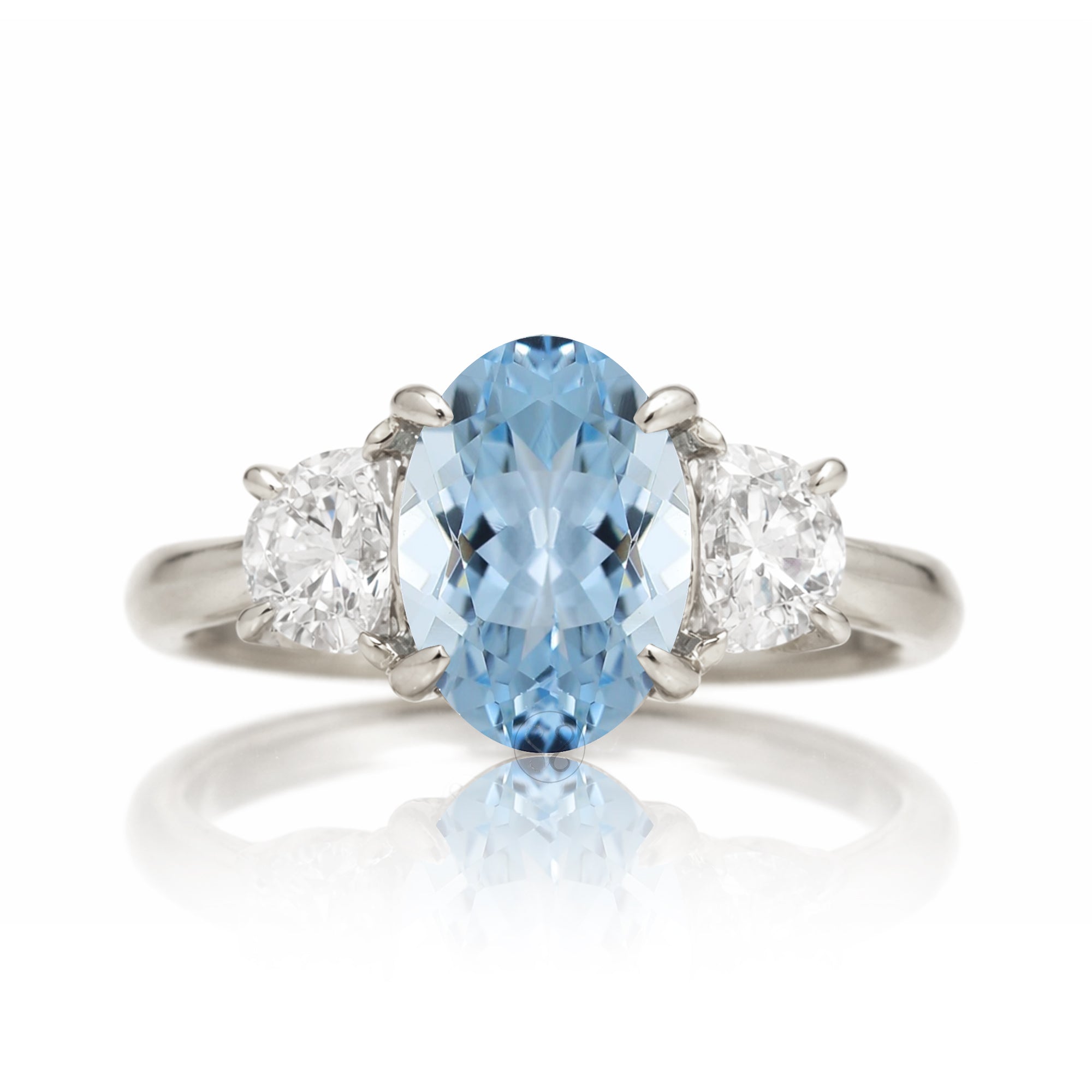 Aquamarine past present future ring with half moon diamonds in white gold