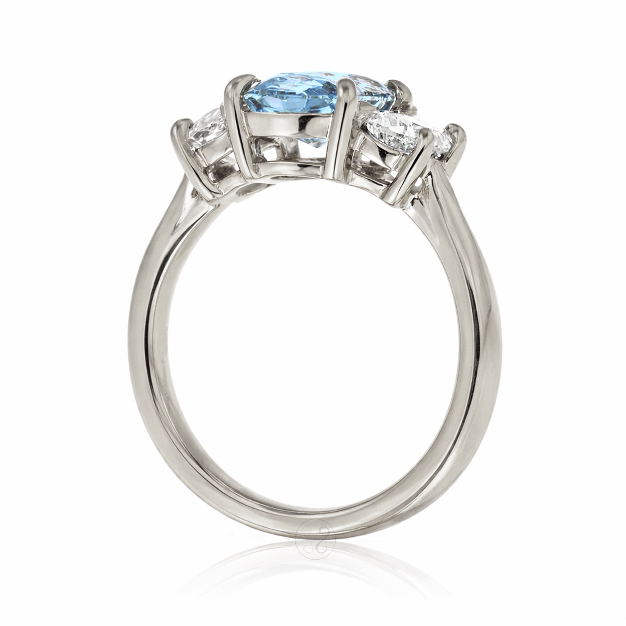Aquamarine past present future ring with half moon diamonds in white gold